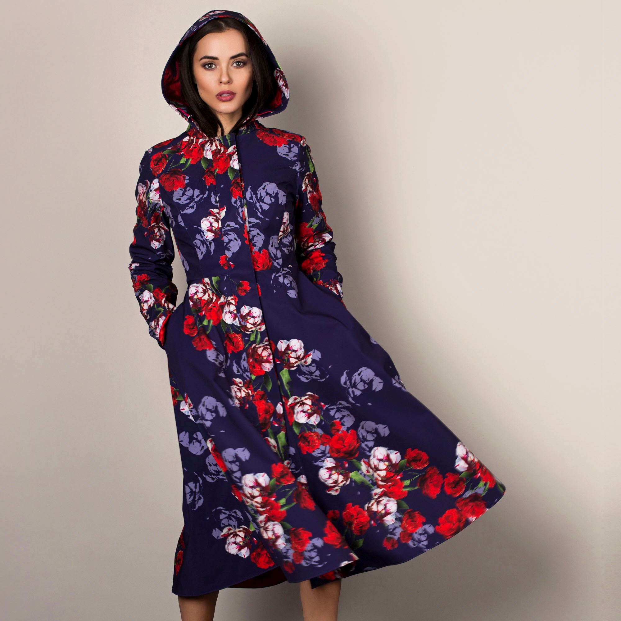 Red and blue floral women's waterproof trench coat