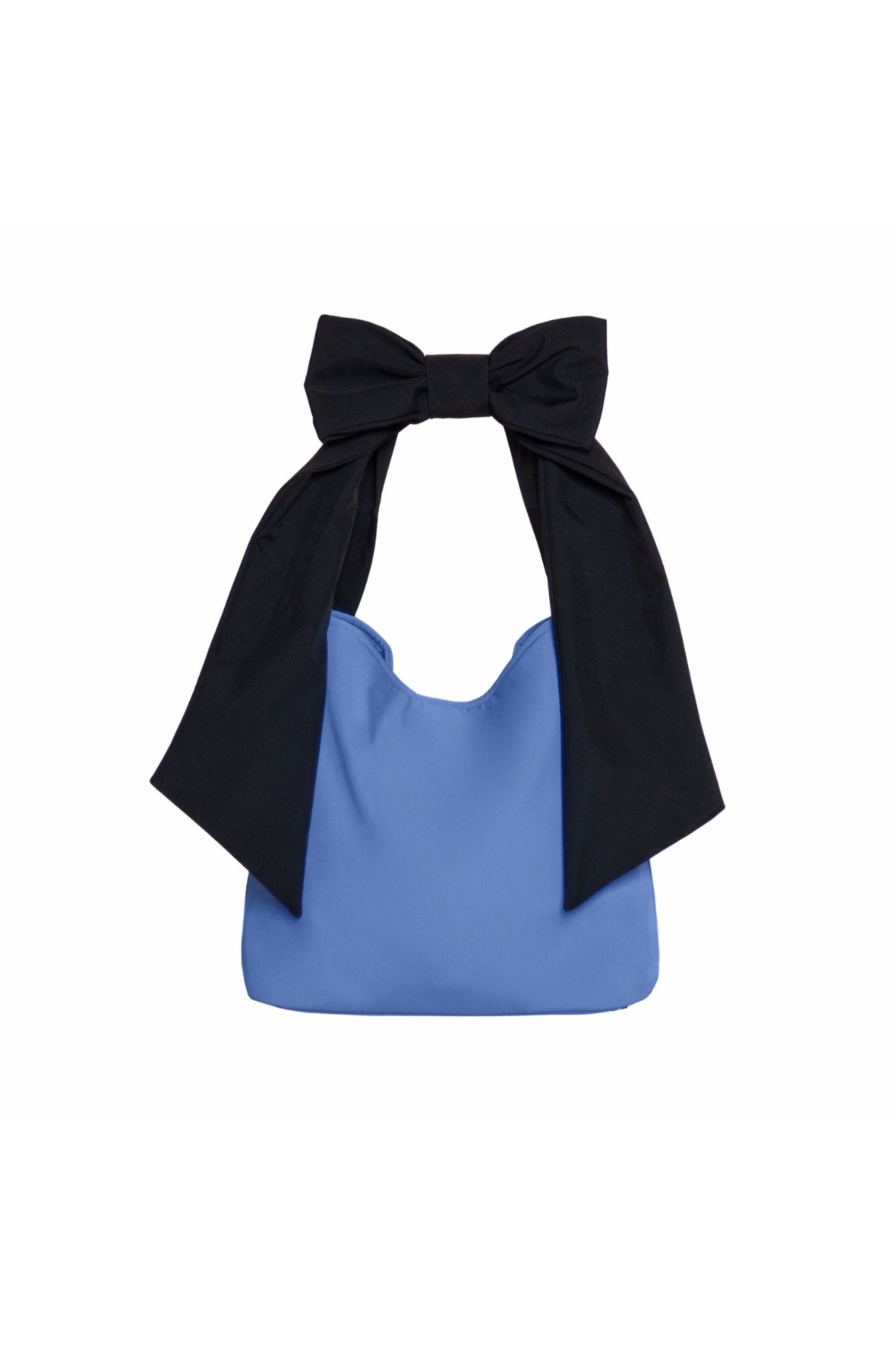 Soft blue bow tote with a sleek black strap, combining a light, airy feel with a touch of playful sophistication.