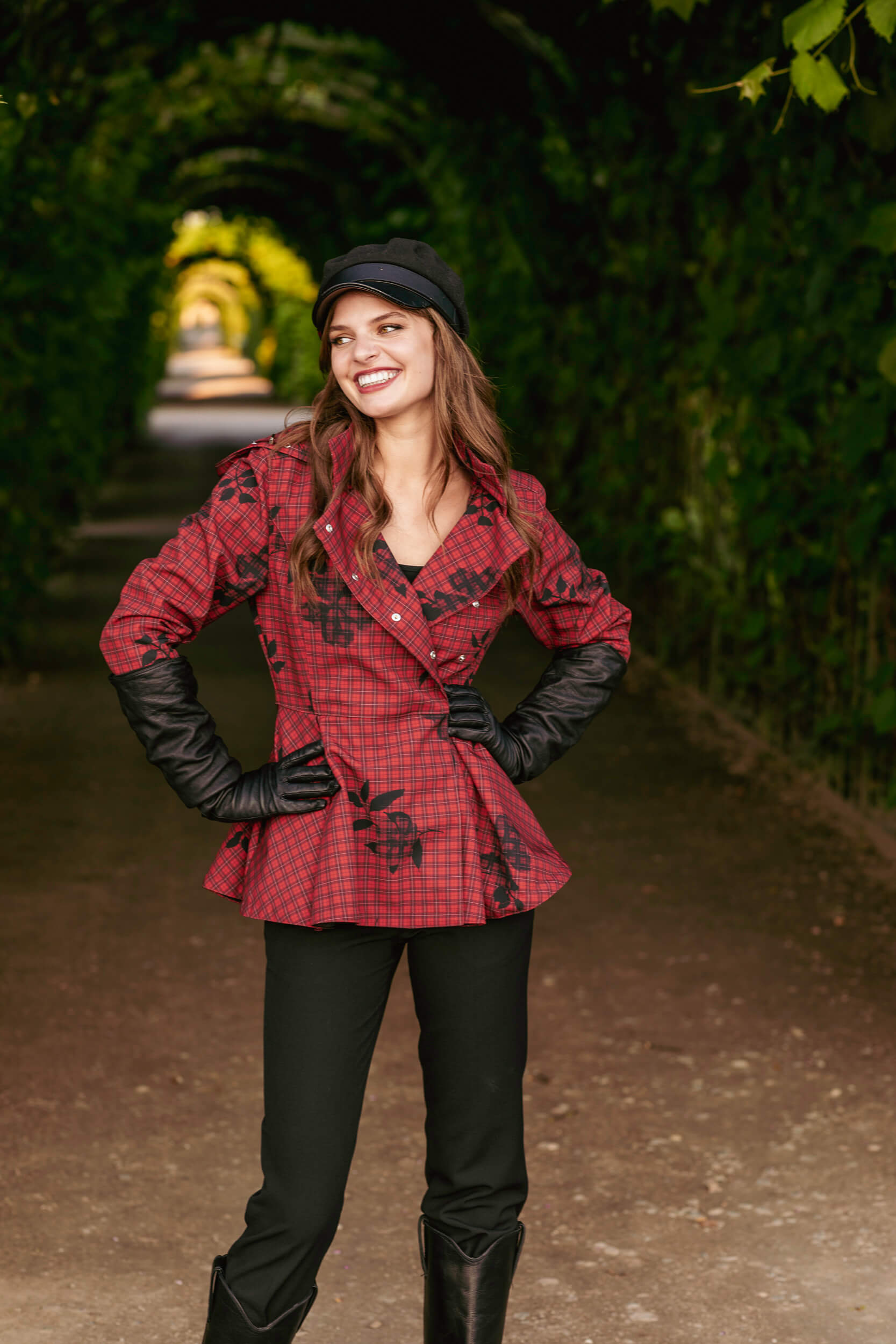 Romantic seasonal outfit with the Crimson Heart jacket in deep red.