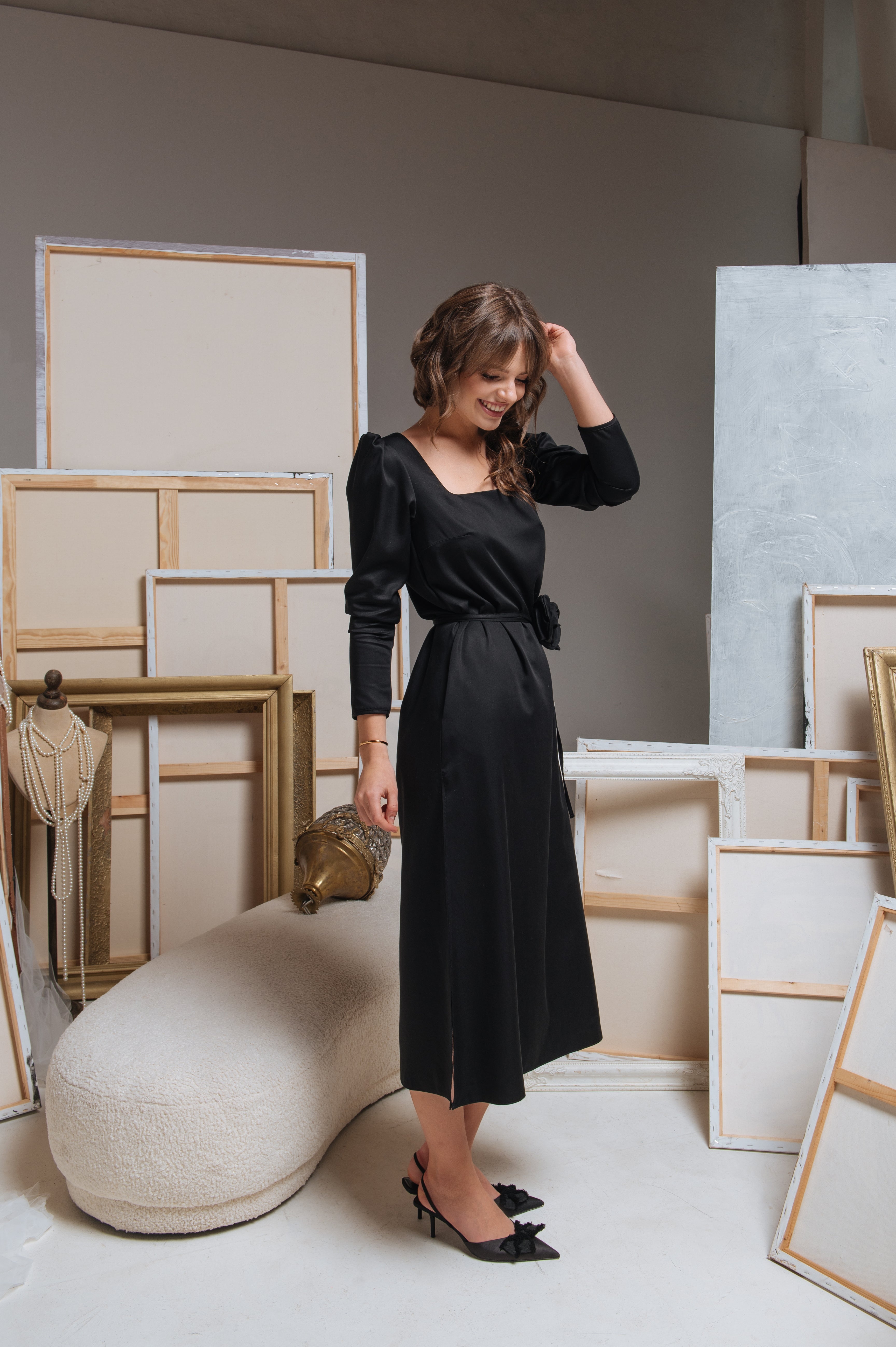 Side angle highlighting the thigh-high slit on the right side for a modern and feminine touch.