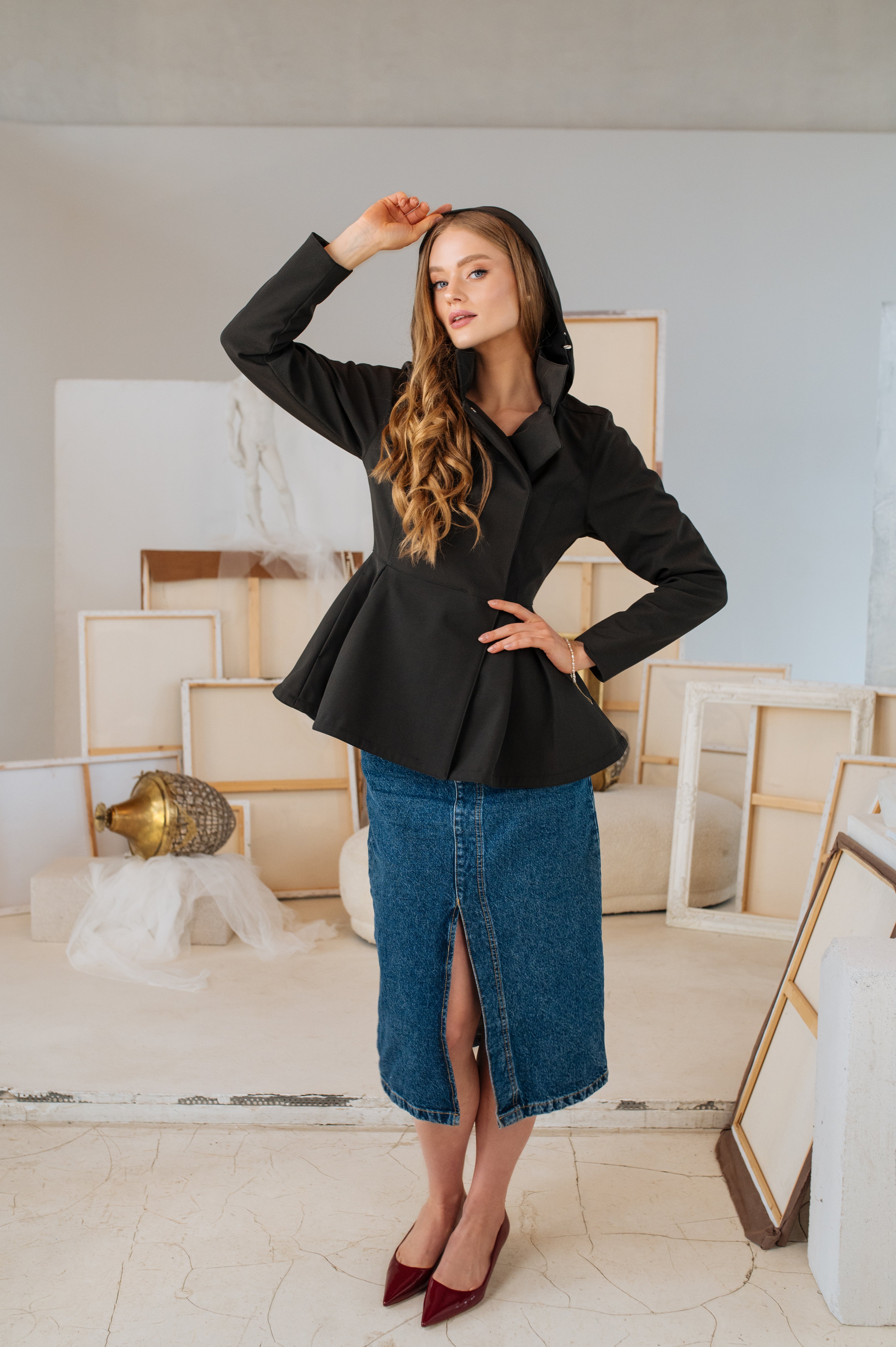 Double Breasted Jacket with Detachable Hood in Black | Evening Blush