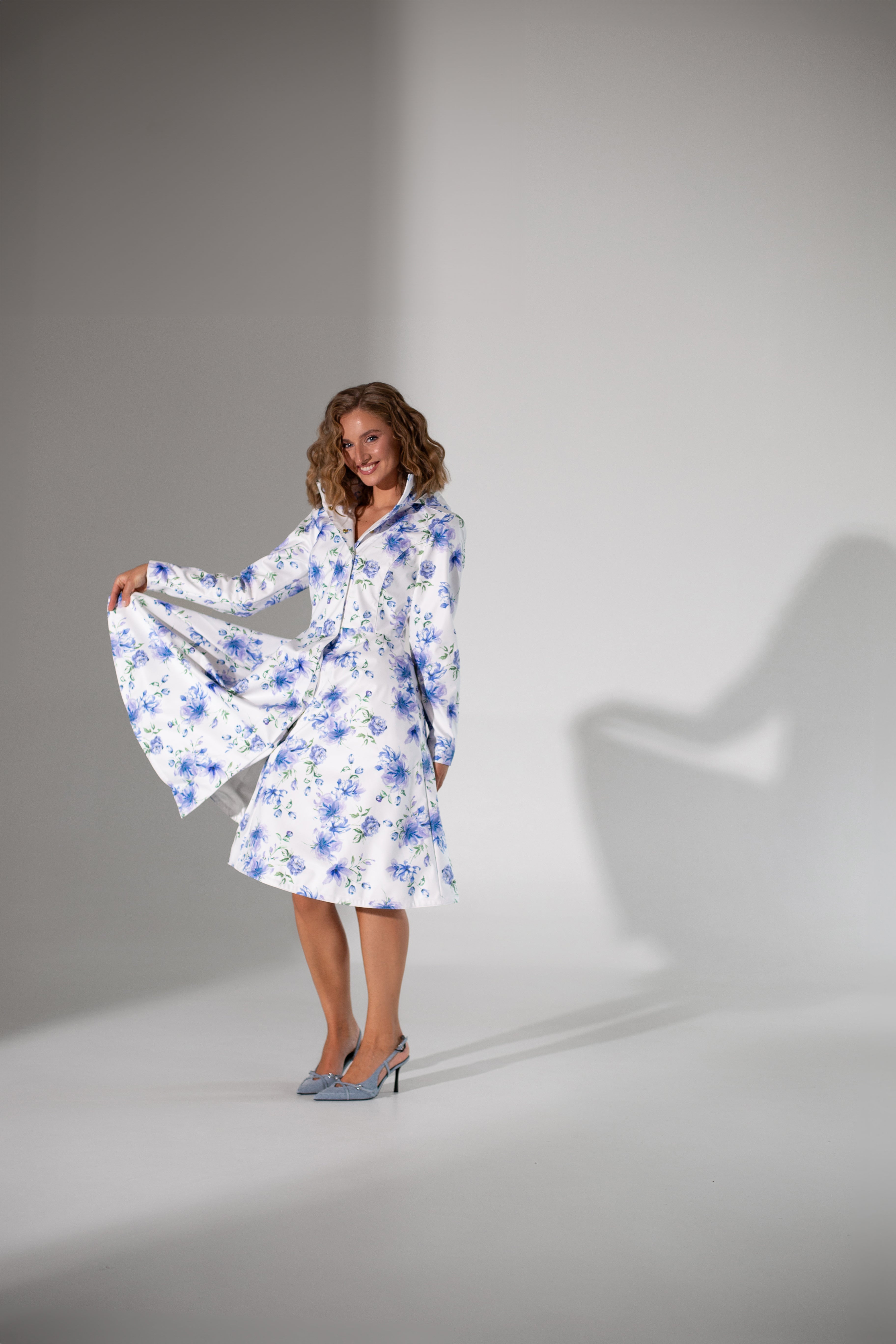 Fit and Flare Coat with A-Line Skirt in White with Blue Flower Print | Floral White
