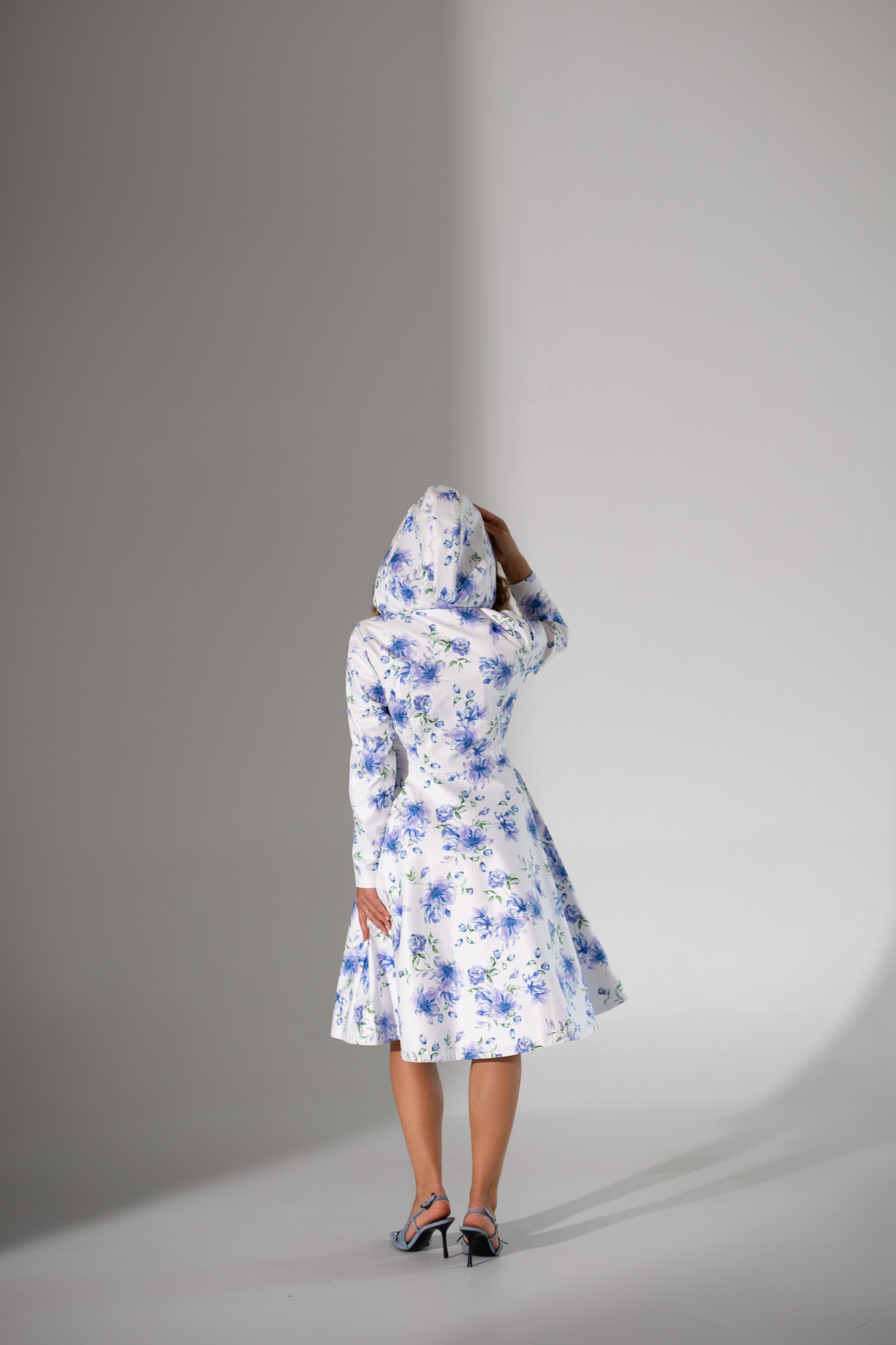 Fit and Flare Coat with A-Line Skirt in White with Blue Flower Print | Floral White