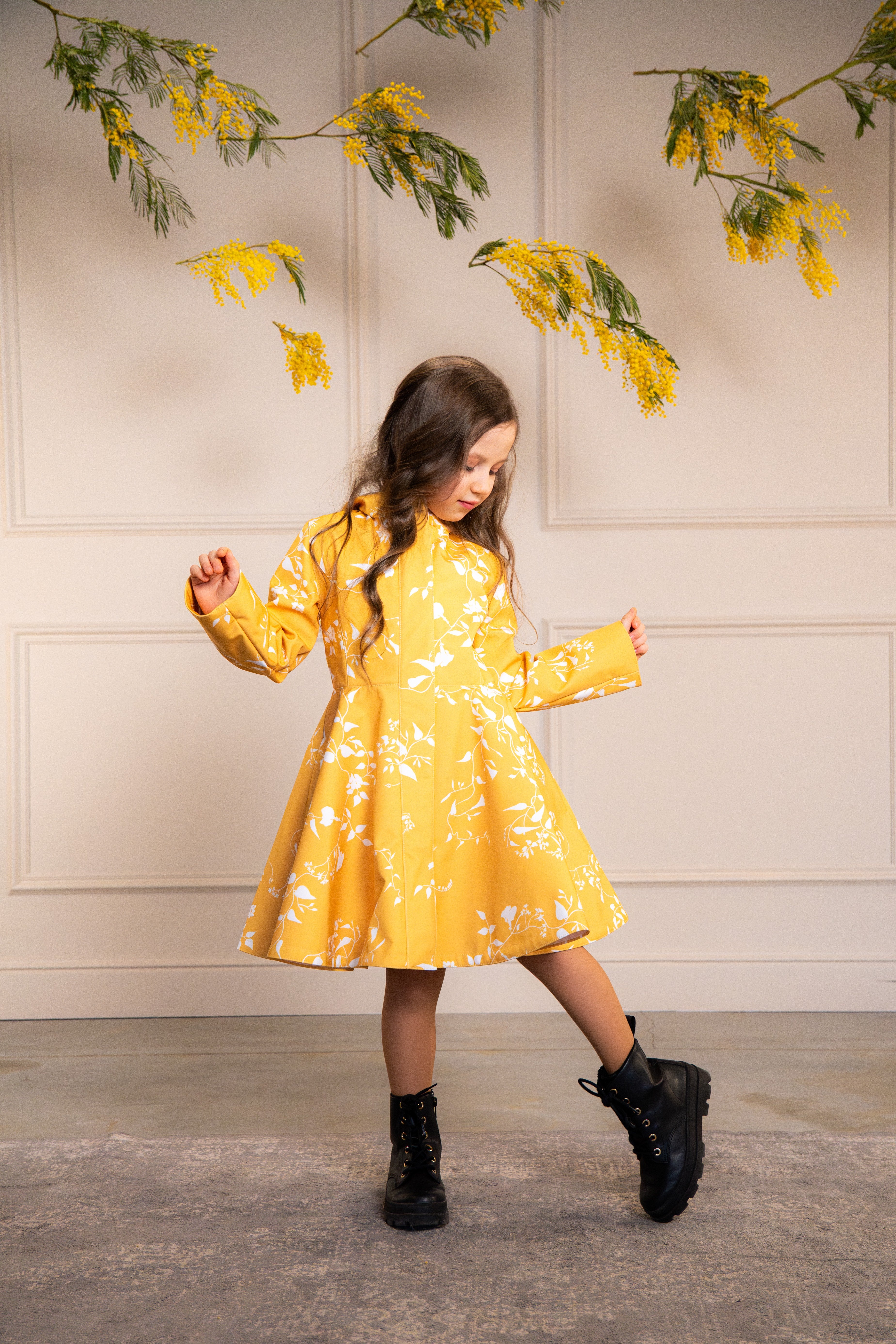 Fitted and Flared Coat for Girls in Yellow with White Floral Print