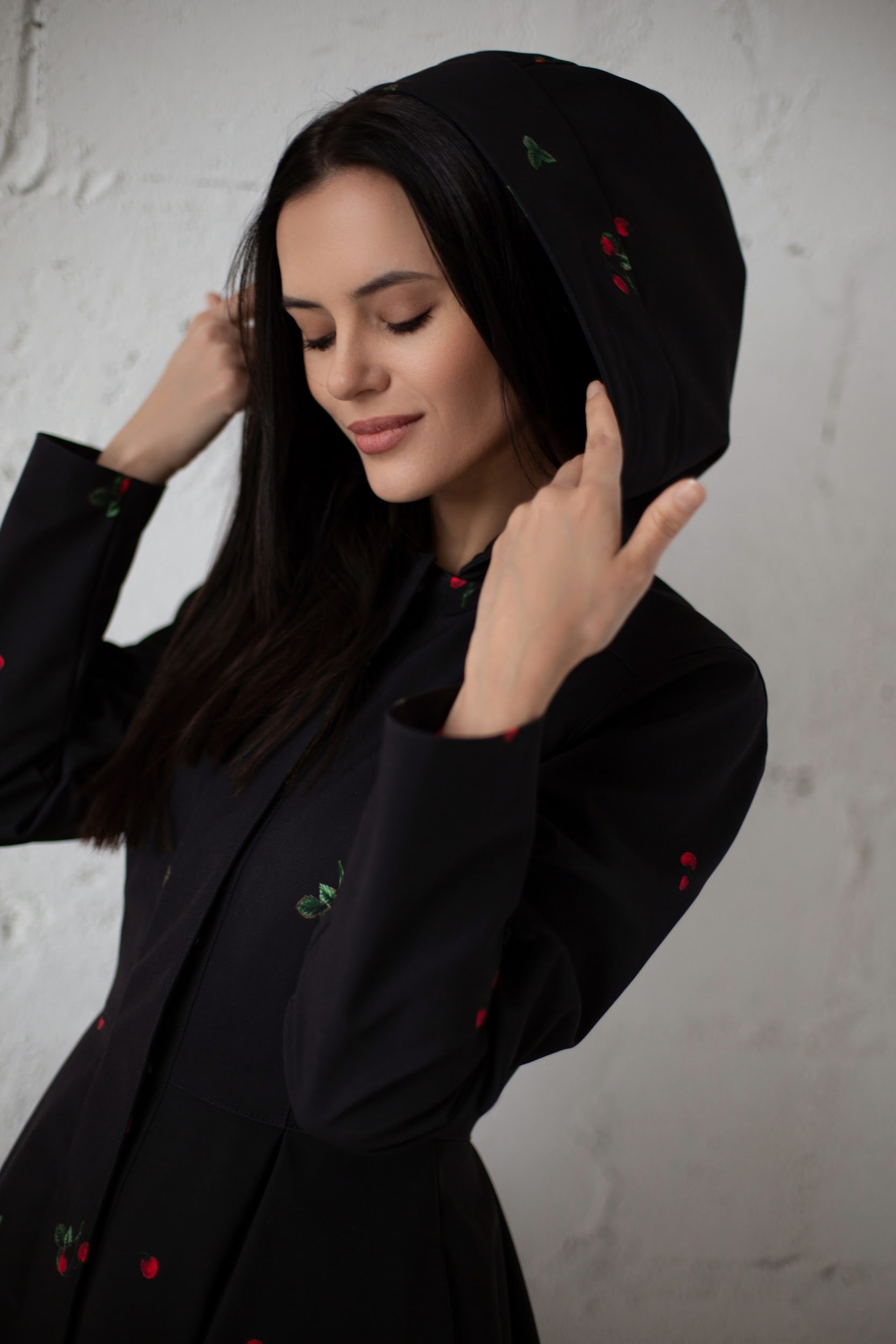 Hooded Coat with Cute Red Strawberry Print