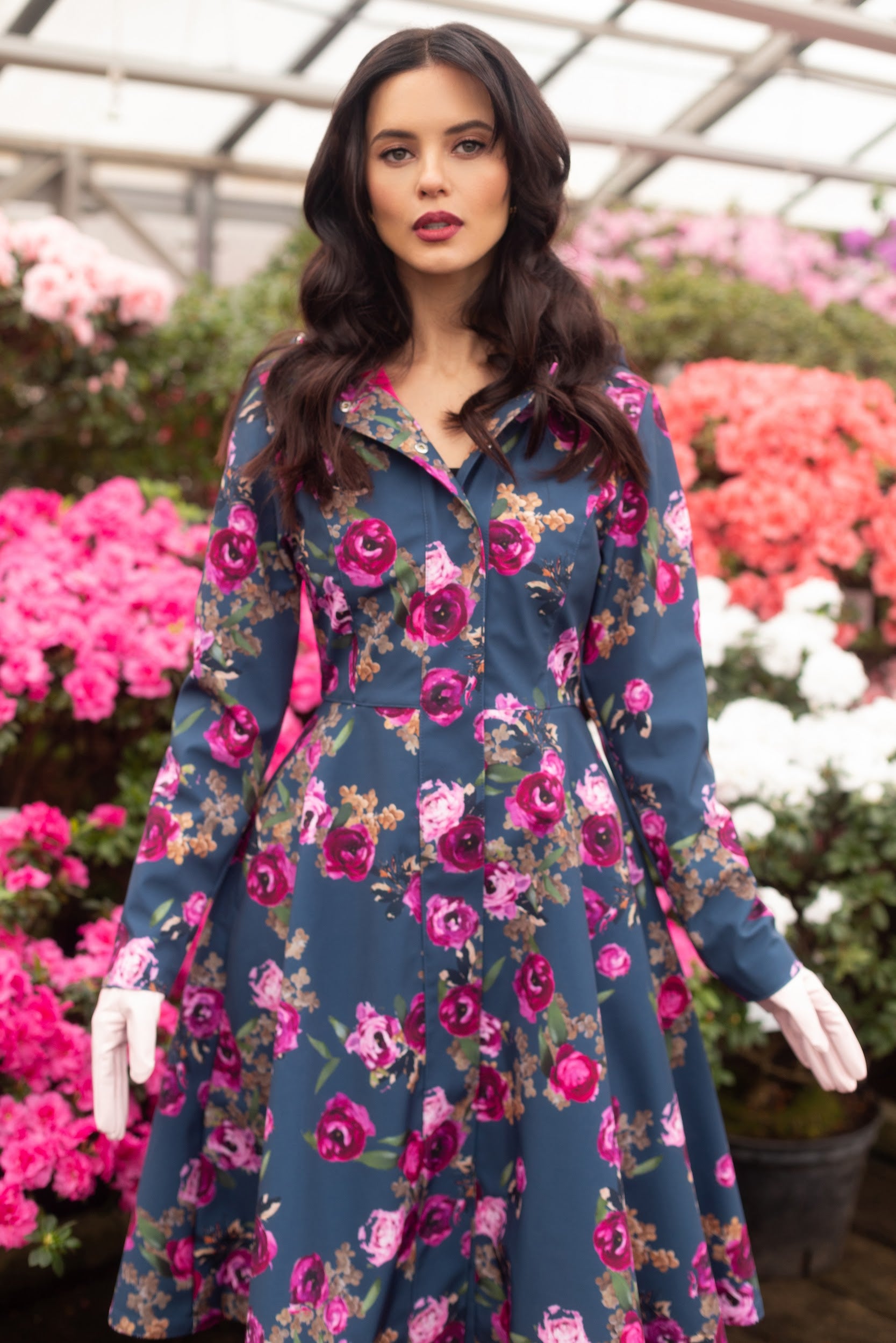 Fitted and Flared Coat with Pleated Back in Blue and Pink