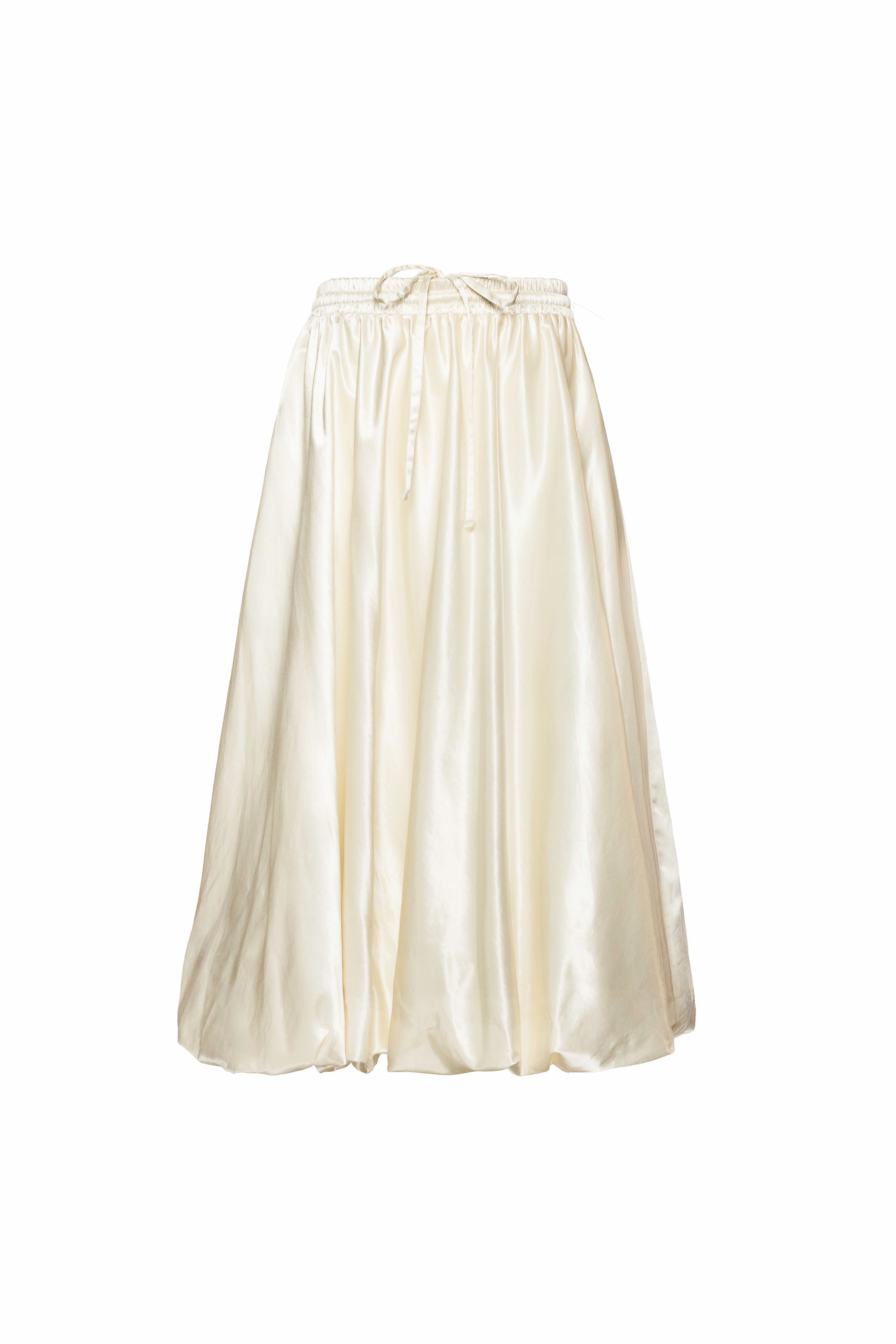 Off-white women’s midi skirt with balloon shape, hidden in-seam pockets, and adjustable waist, perfect for layering under dresses or pairing with coats.