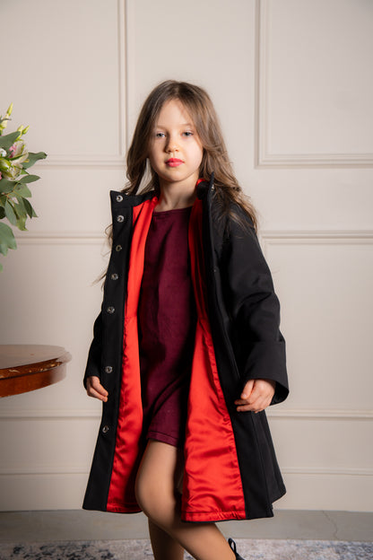 black coat with red inner lining
