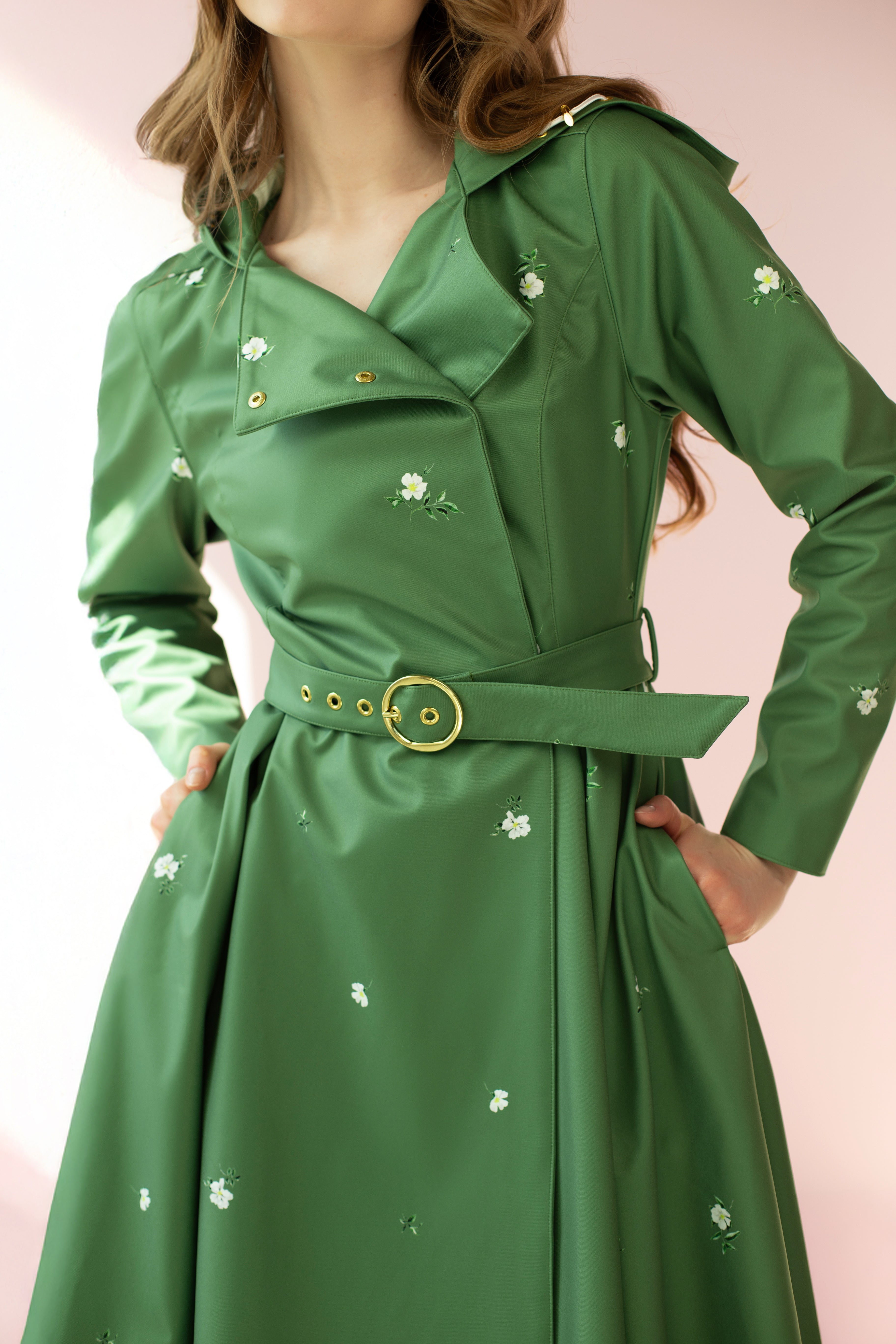Double Breasted Trench Coat in Green with Flower Print | Primrose in Bloom