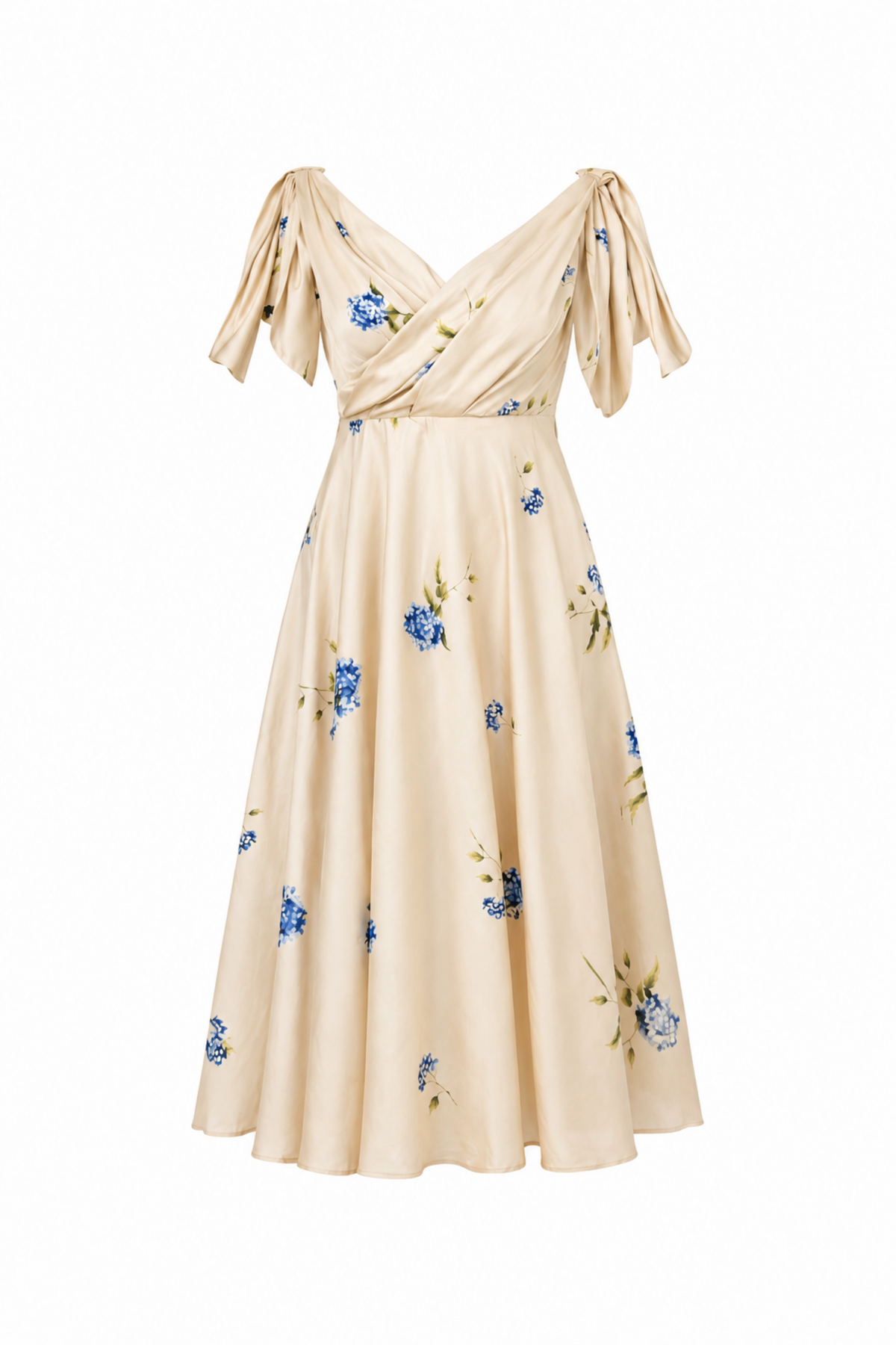 Beige flowy fit and flared dress with blue hydrangea print
