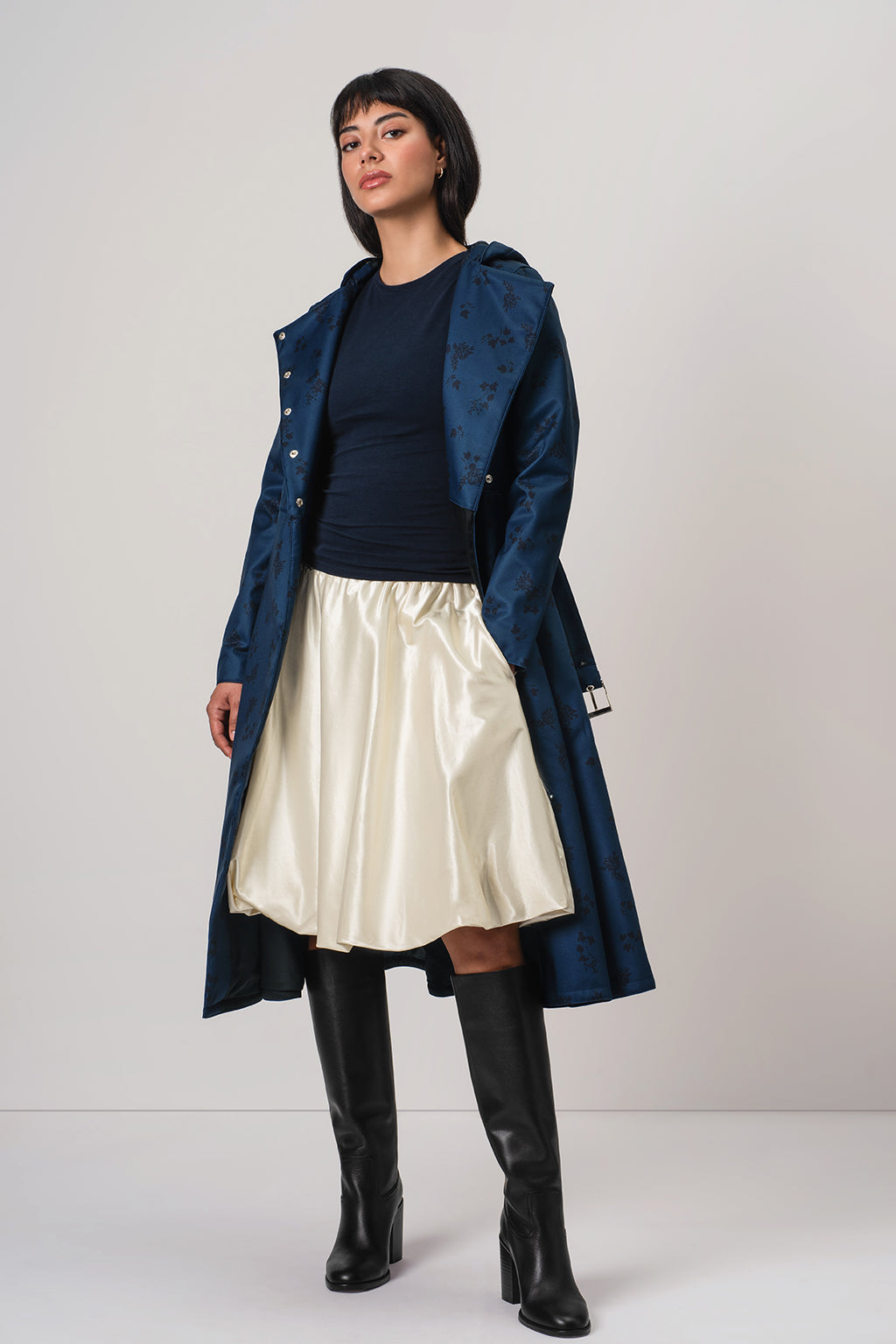 Double Breasted Trench Coat in Dark Blue with Black Floral Print | Blue Frost