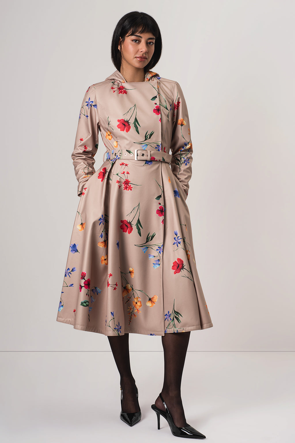 Double Breasted Trench Coat in Beige with Flower Print | Spring Bloom