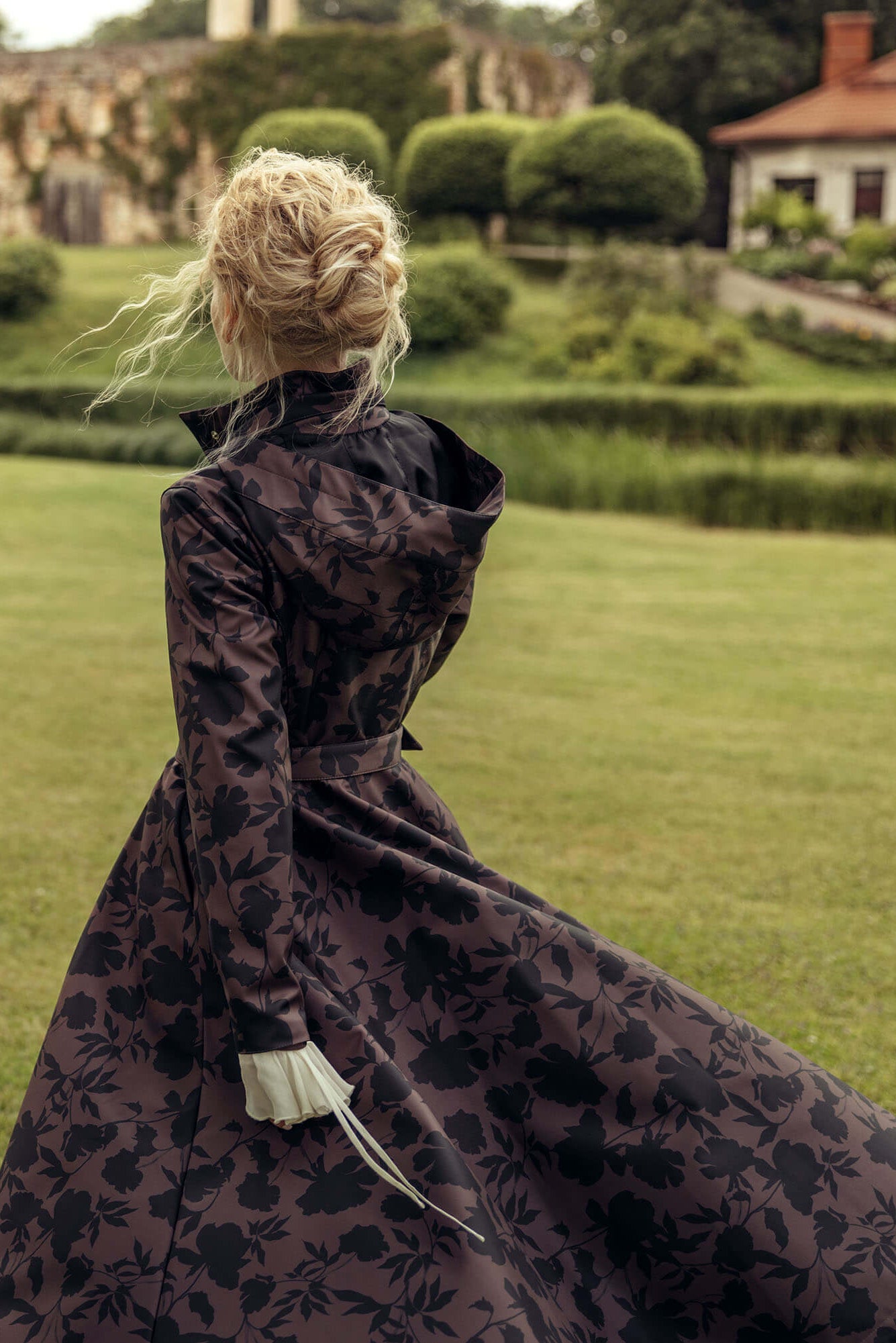 Brown Floral Fit and Flare Coat with A-Line Skirt | Brocade Dusk