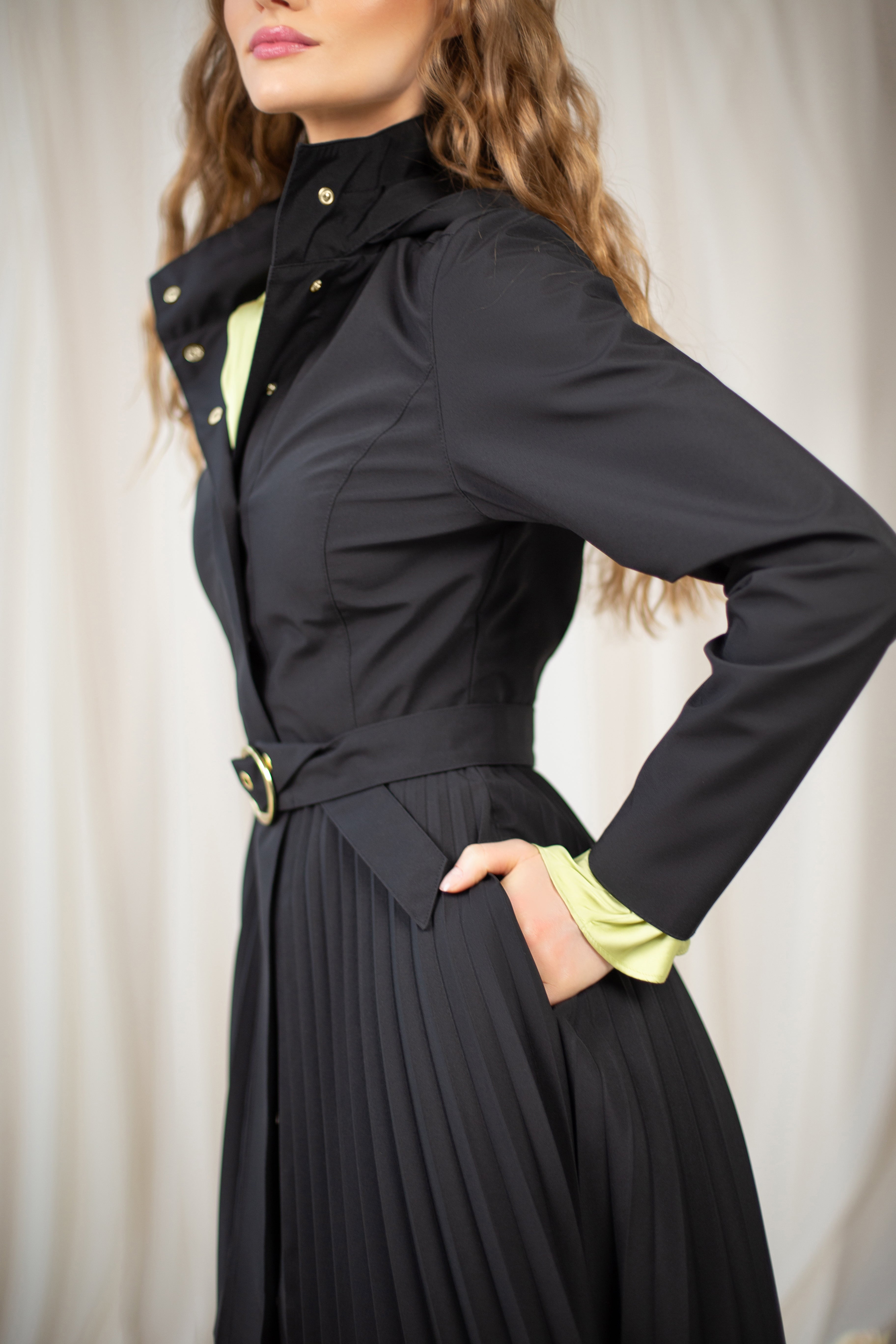 Front view of a stylish pleated coat with hidden pockets and a sleek snap button closure.