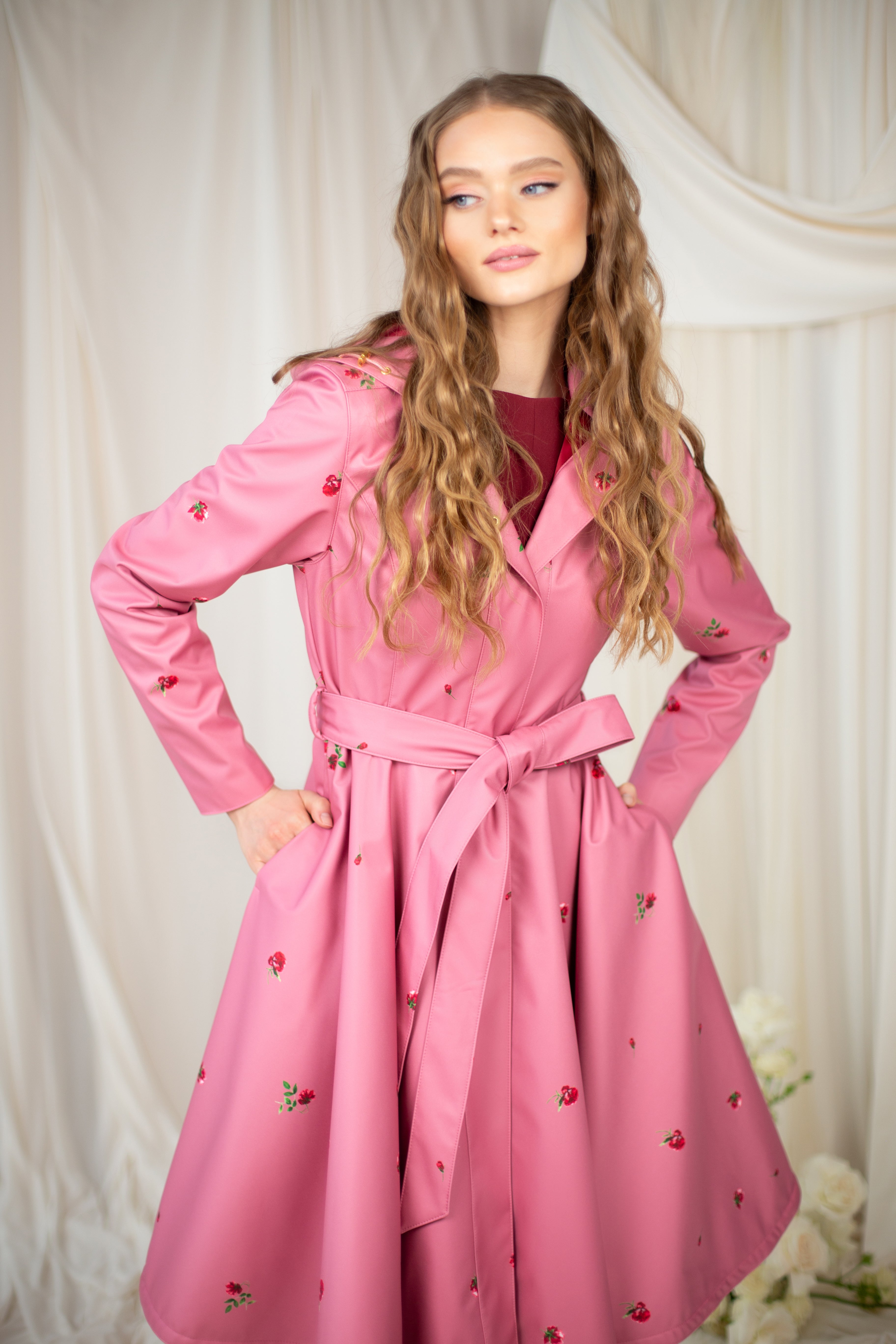 Raspberry Sorbet coat with a full volume skirt