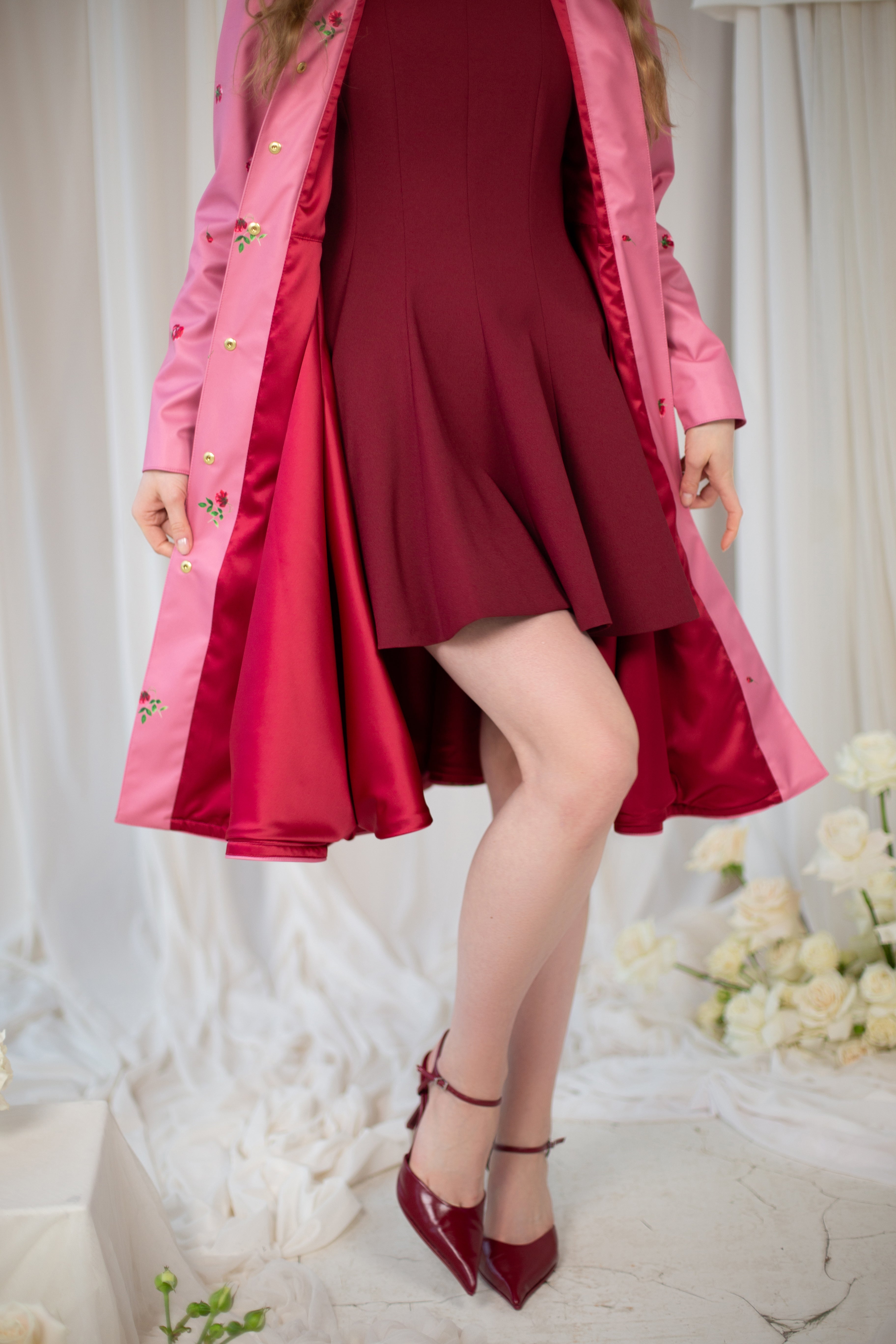 Raspberry Sorbet coat with red satin lining