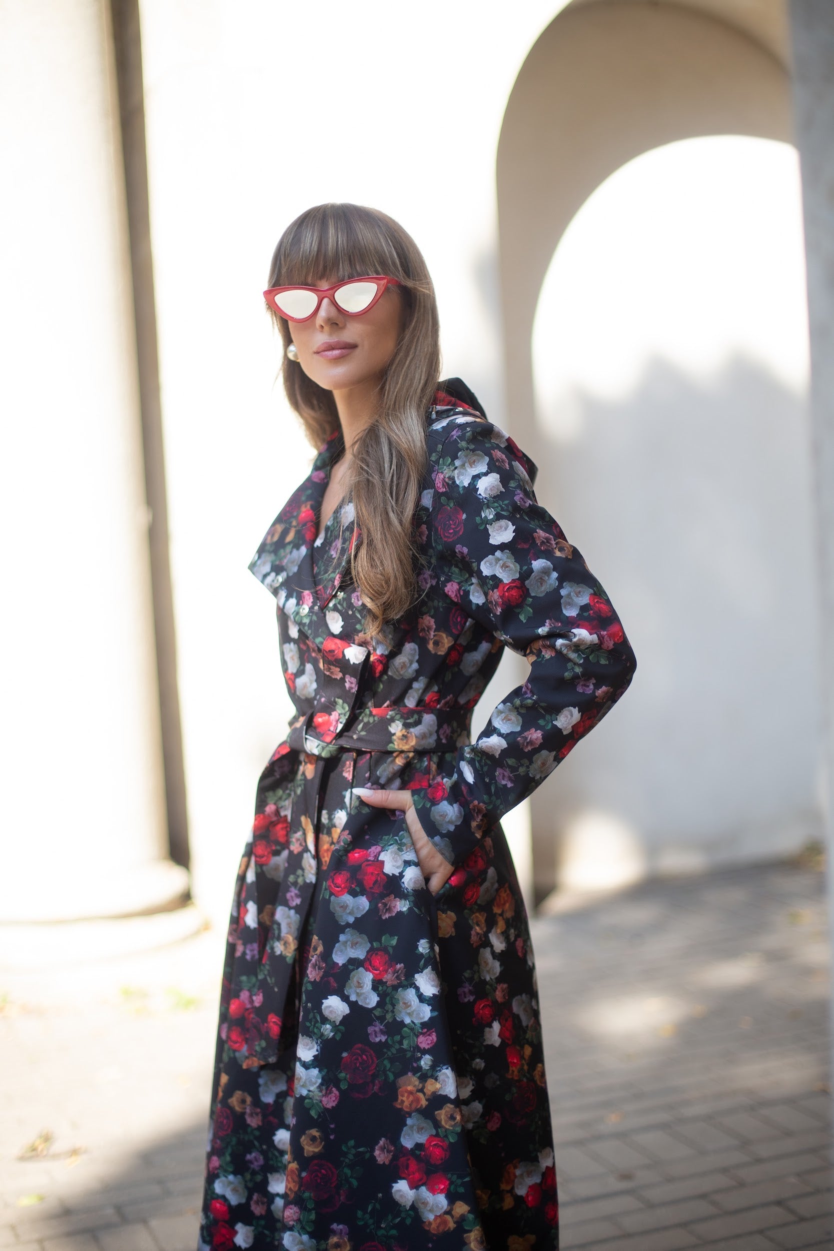 Side view of Rose Garden coat with floral print – elegant A-line fit and satin lining