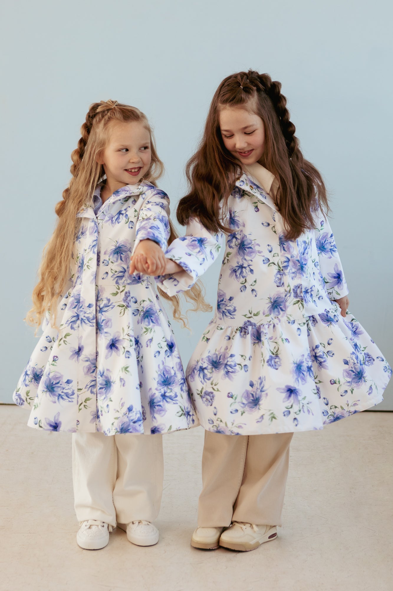 White Trapeze Coat for Girls with Blue Flower Print | Floral Dream