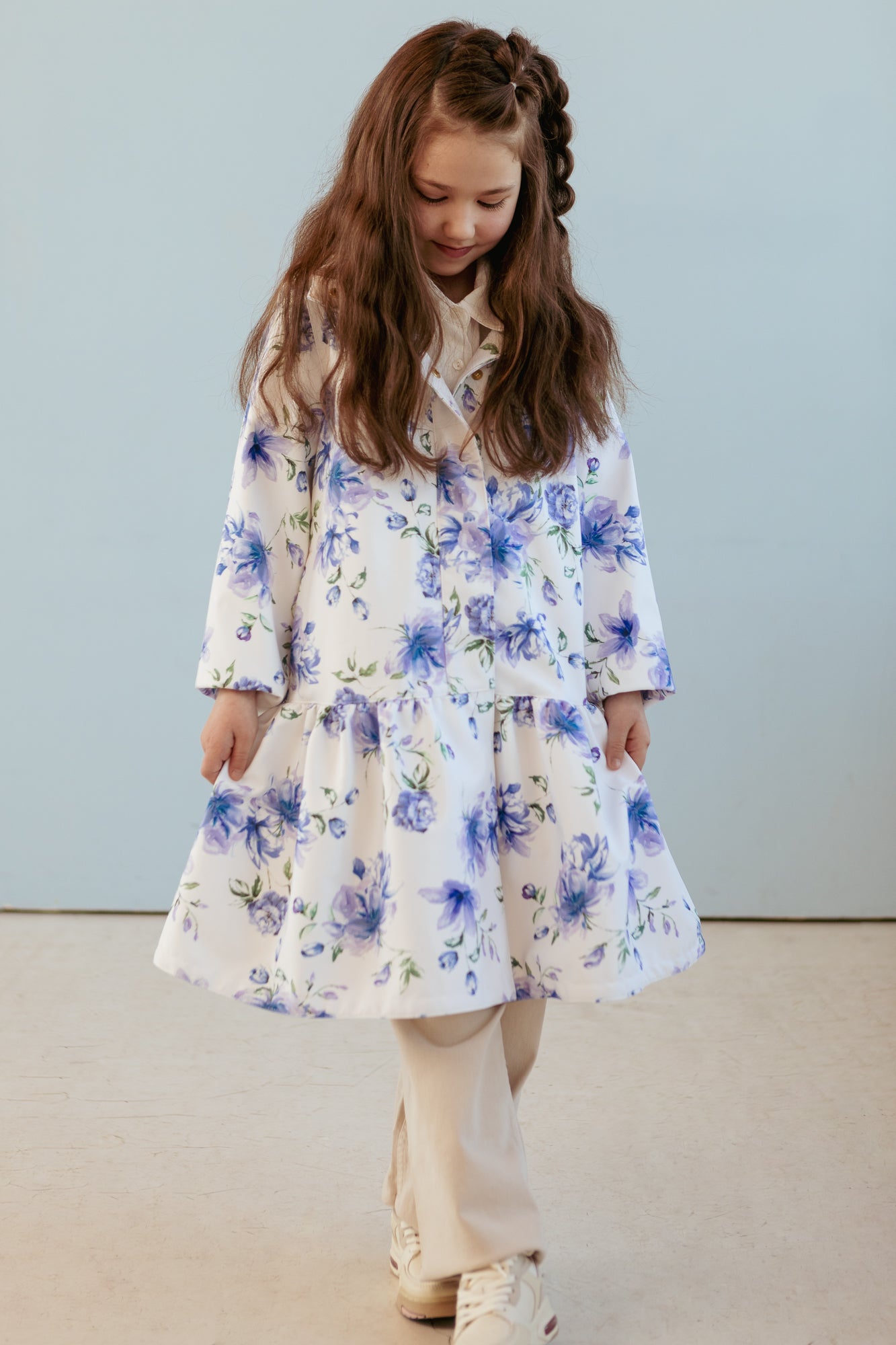 White Trapeze Coat for Girls with Blue Flower Print | Floral Dream