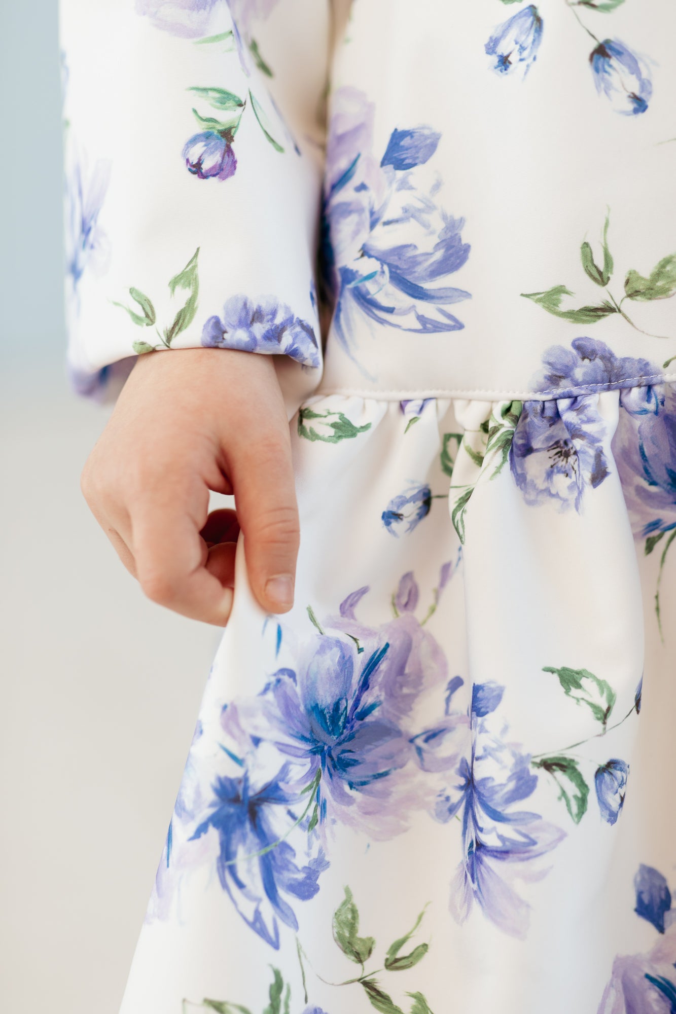 White Trapeze Coat for Girls with Blue Flower Print | Floral Dream