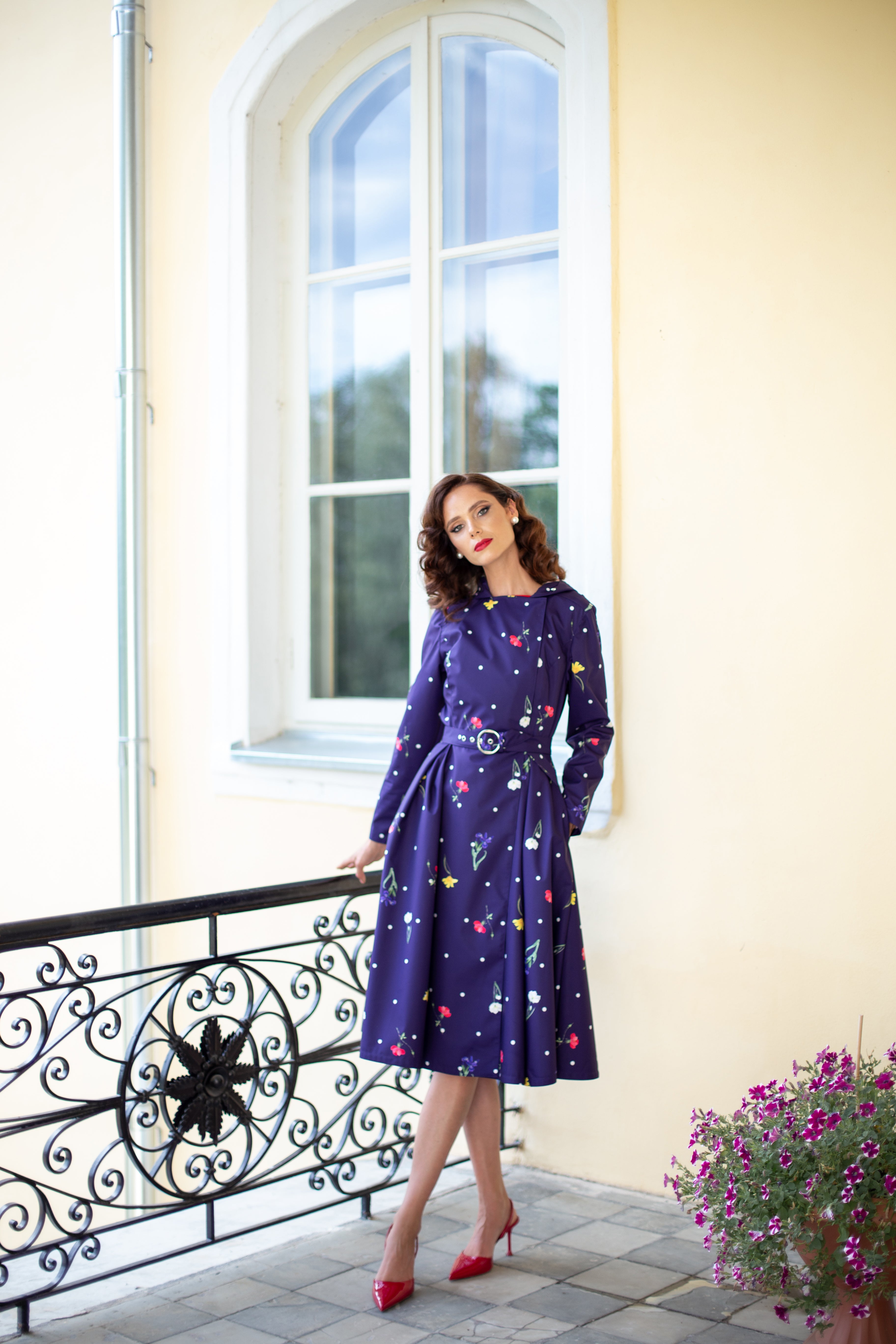Double Breasted Trench Coat for Spring in Violet with Floral Print