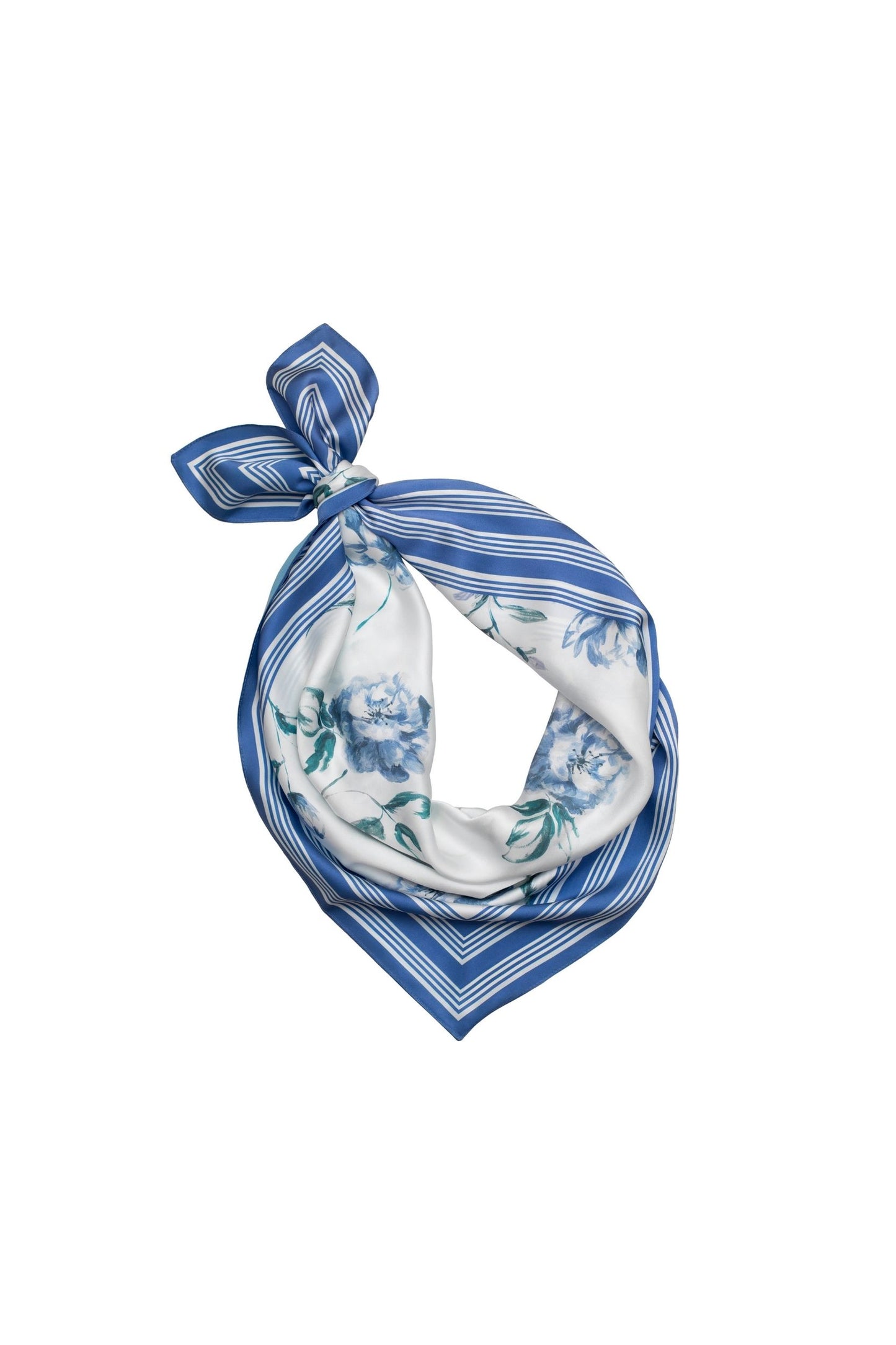 Blue and white patterned scarf on a white background.