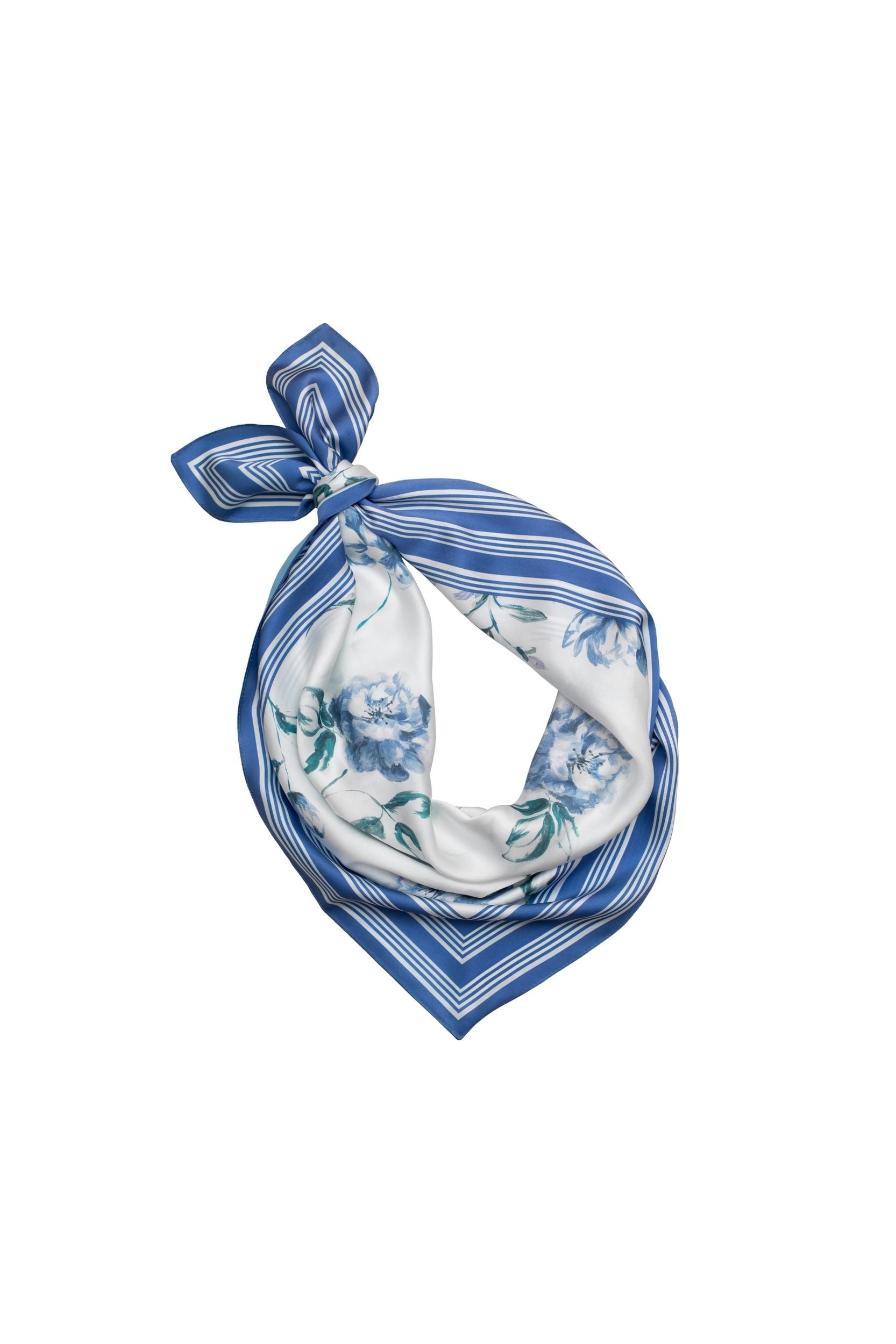 Blue and white patterned scarf on a white background.