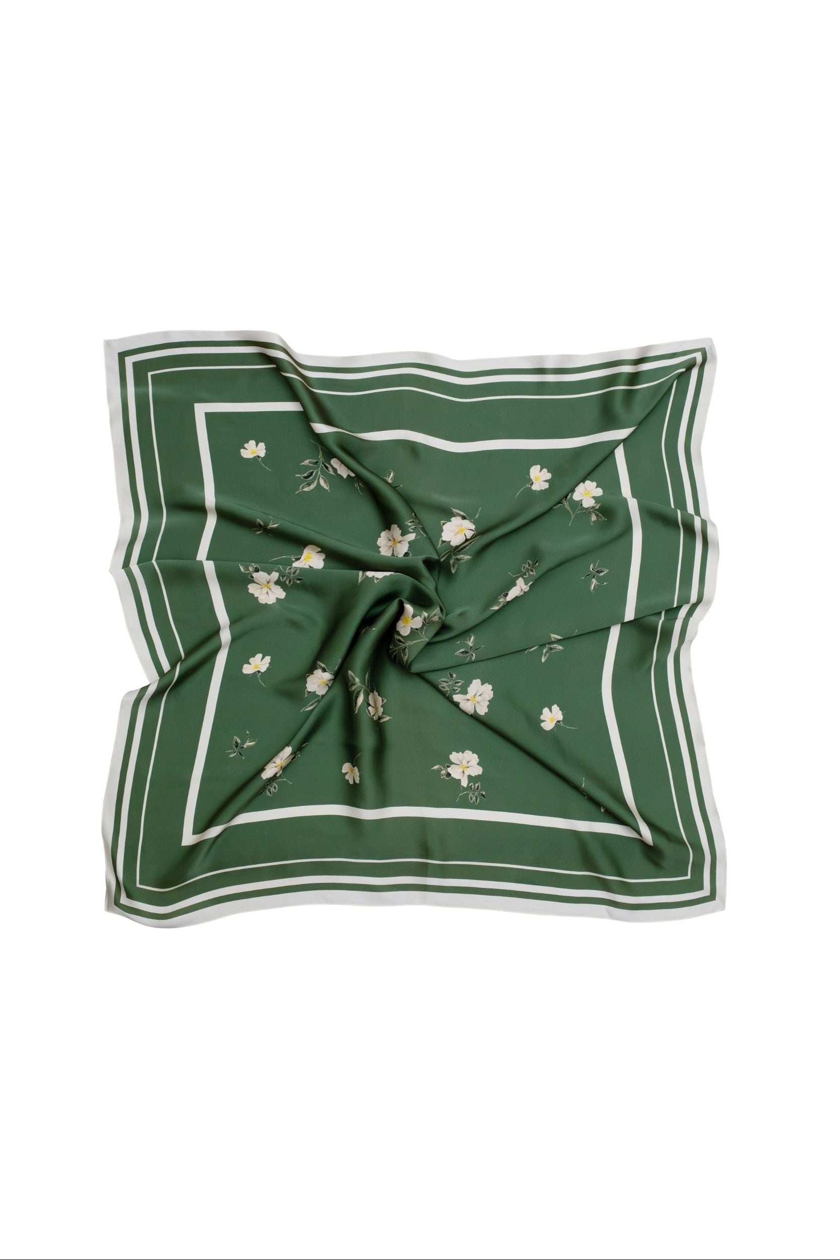 Green scarf with floral pattern on a white background