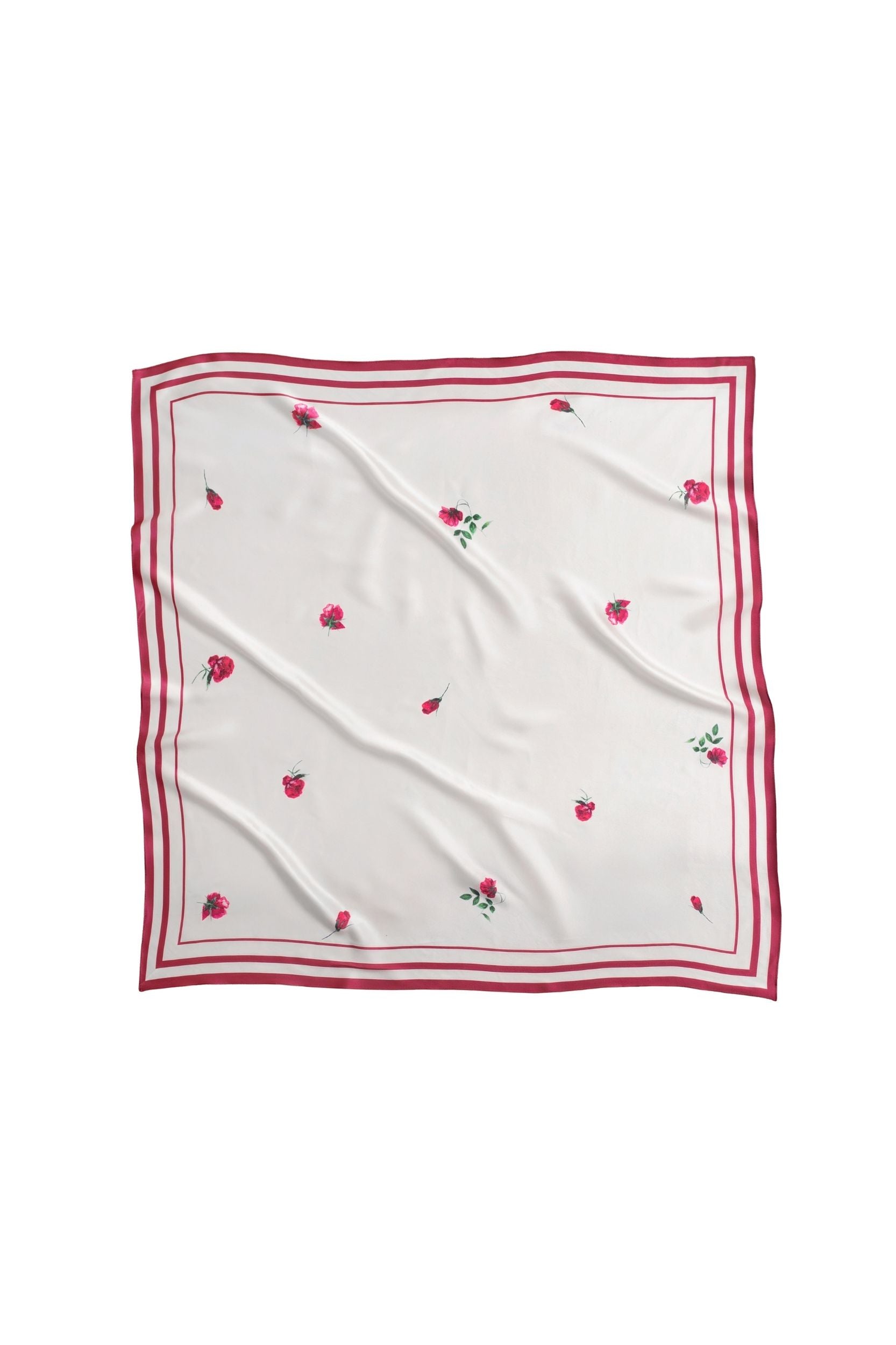 White square scarf with red border and red flowers on a white background