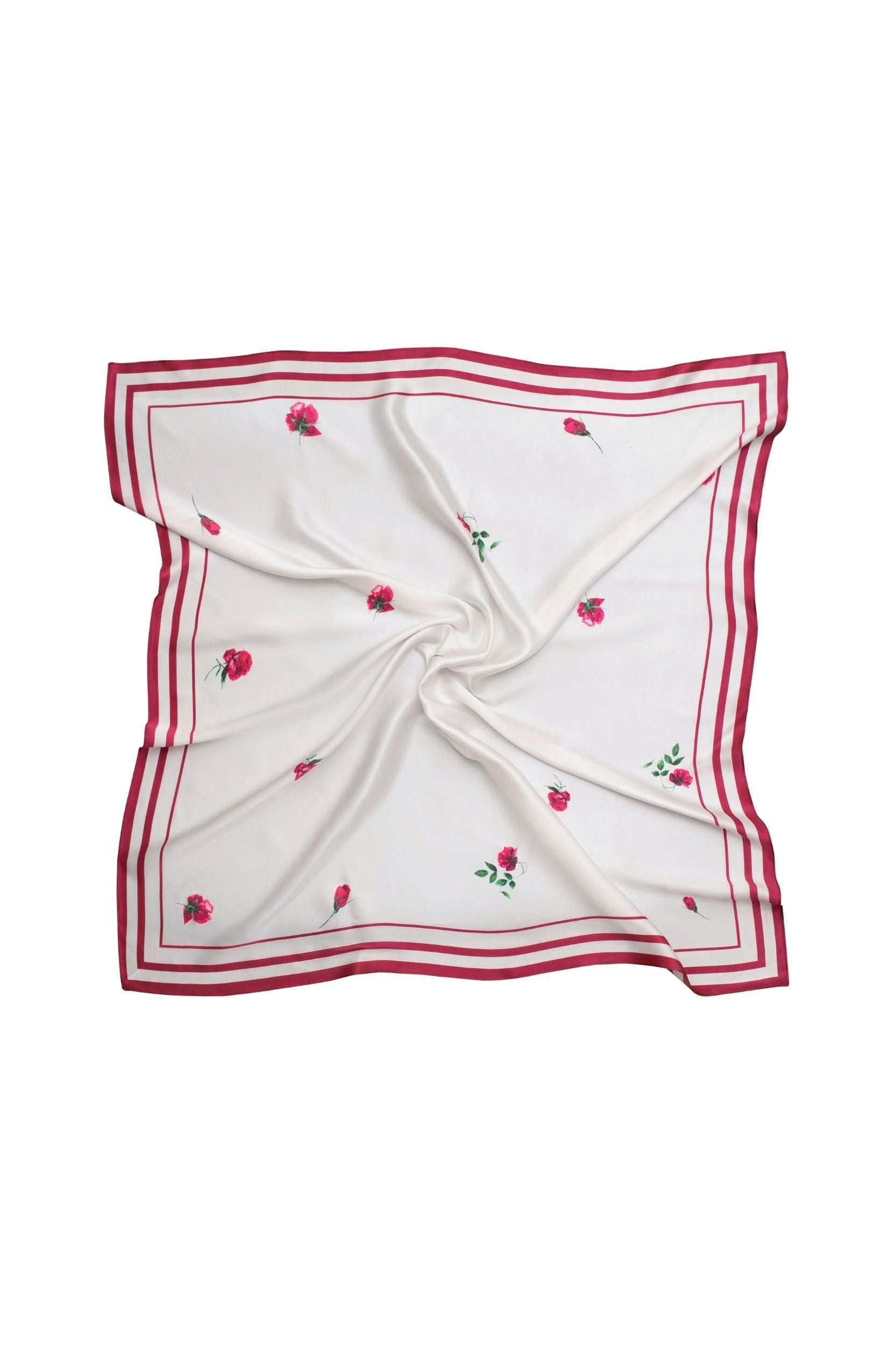 White square scarf with red border and red flowers on a white background