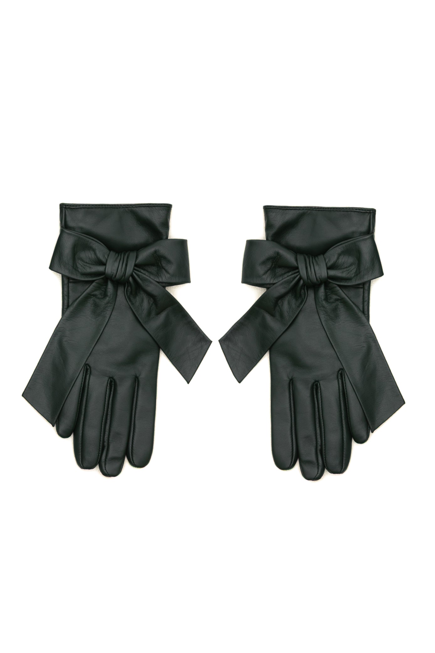 A pair of deep green leather gloves with wide cuffs and large bow details, displayed flat against a white background.