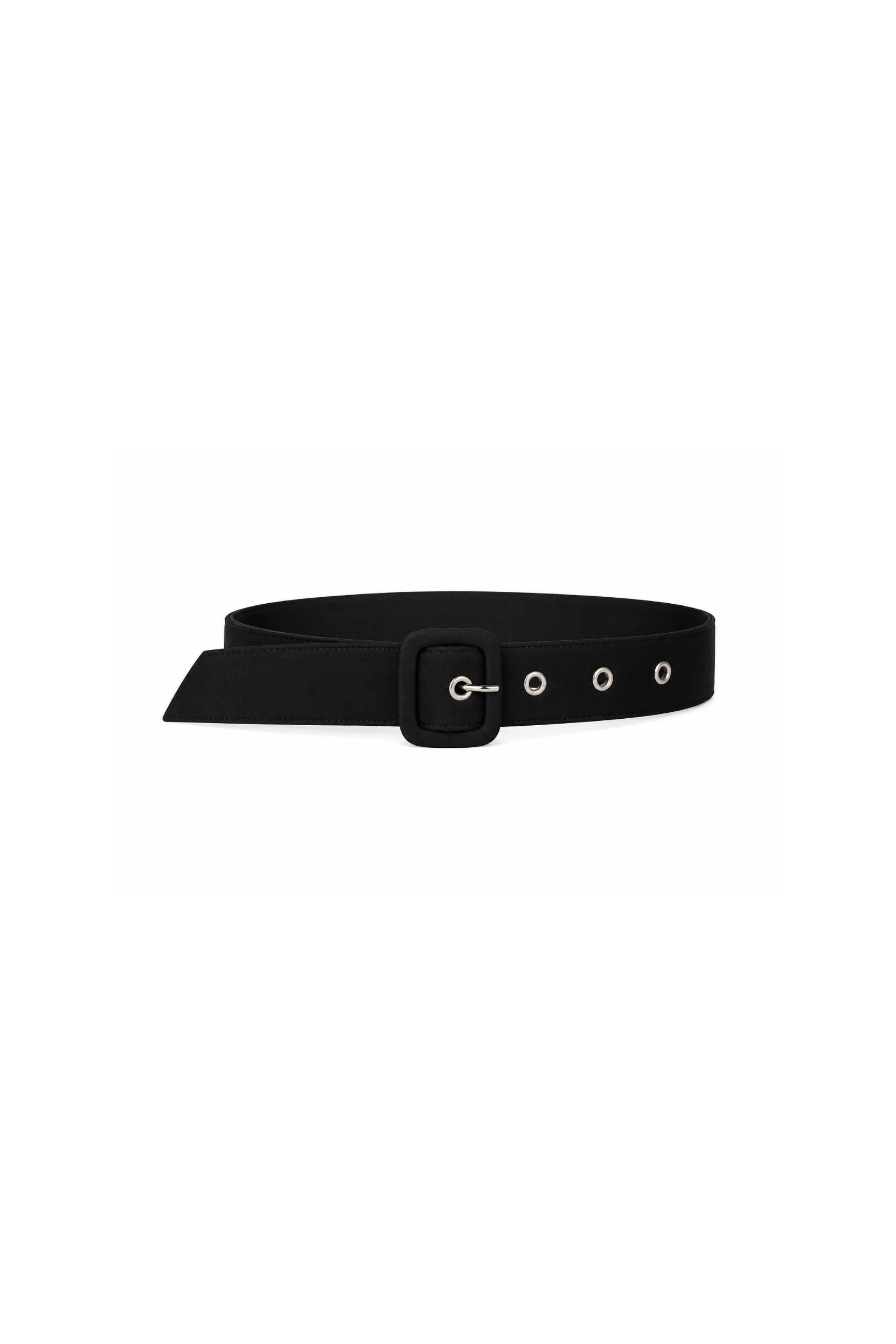 A black belt with a matching black buckle and silver-tone eyelets, displayed horizontally on a clean white background.