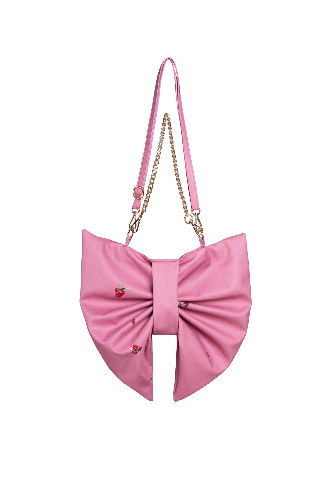 Pink bow-shaped handbag with a chain strap on a white background