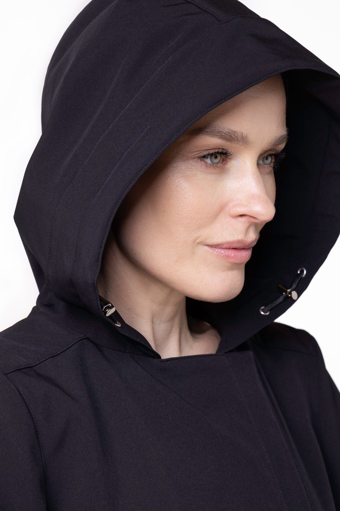 Close-up of hood detail on Black Classic black women's trench coat