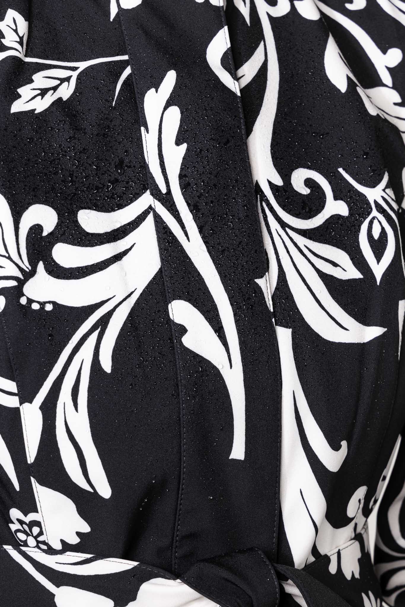 Black and white flower print detail on women's designer trench coat by RainSisters