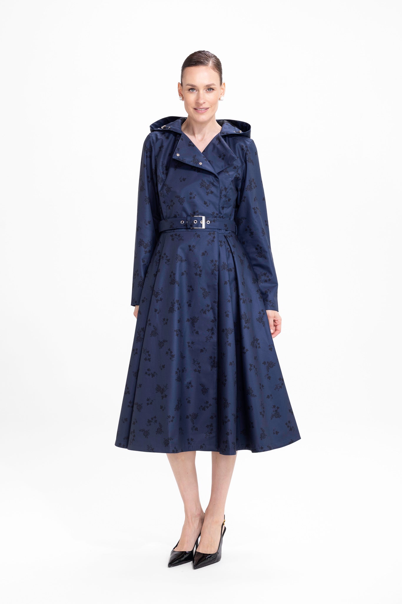 Blue Frost deep navy blue double-breasted women's floral trench coat, front view