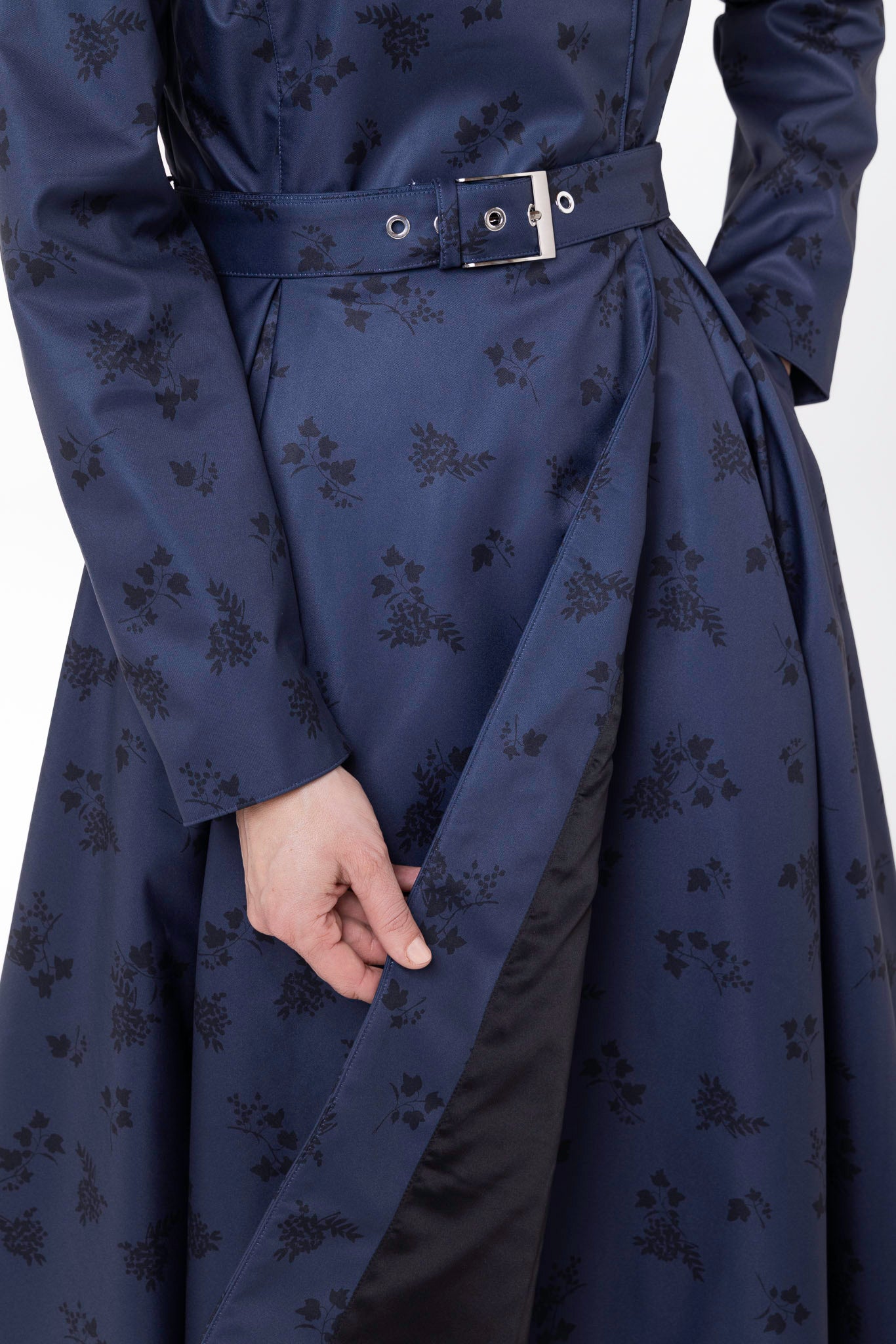 Black Italian satin lining inside Blue Frost women's designer trench coat