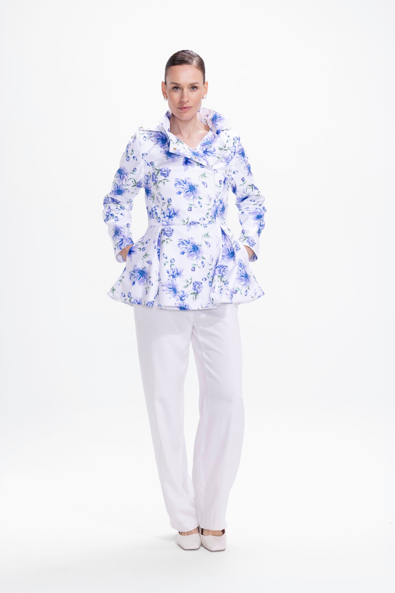Blue Whisper white floral women's waterproof jacket with detachable hood, front view