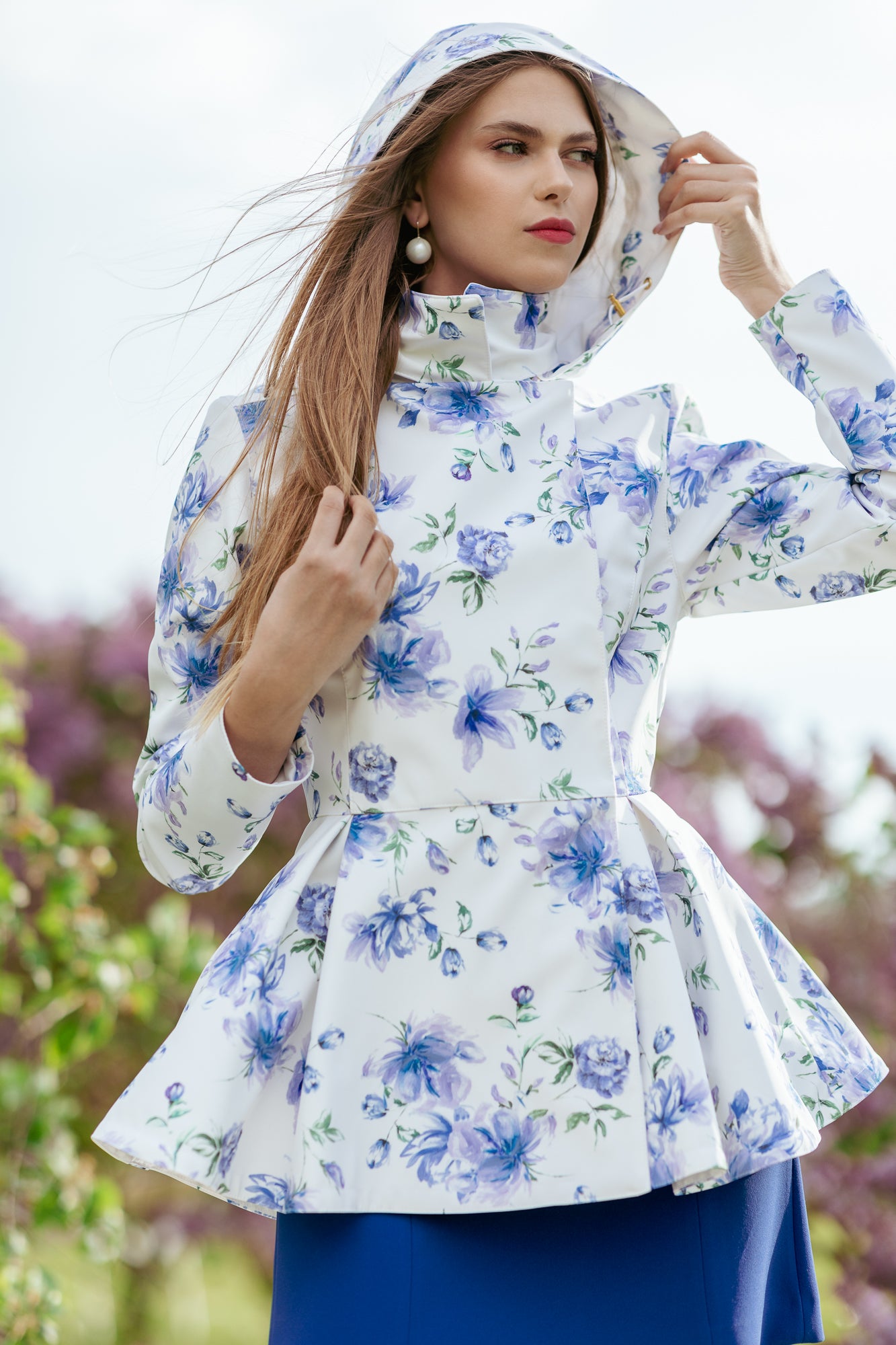 Double Breasted Jacket with Detachable Hood in White with Blue Flower Print