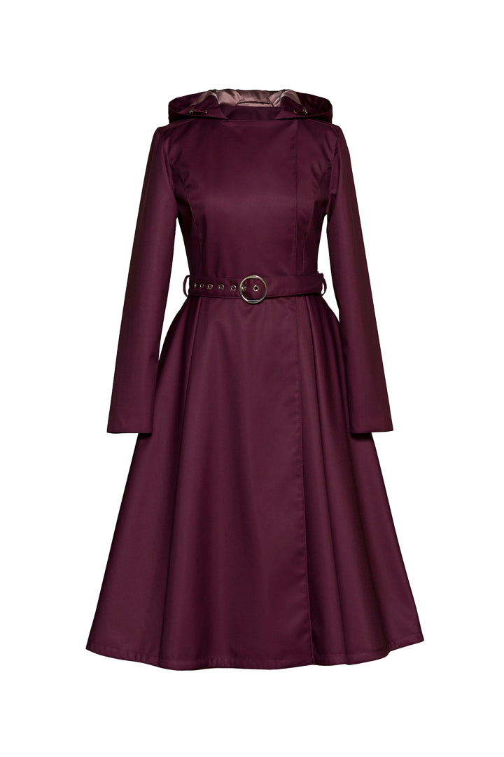 Women's deep burgundy double-breasted trench coat with a matching buckle belt on a white background.