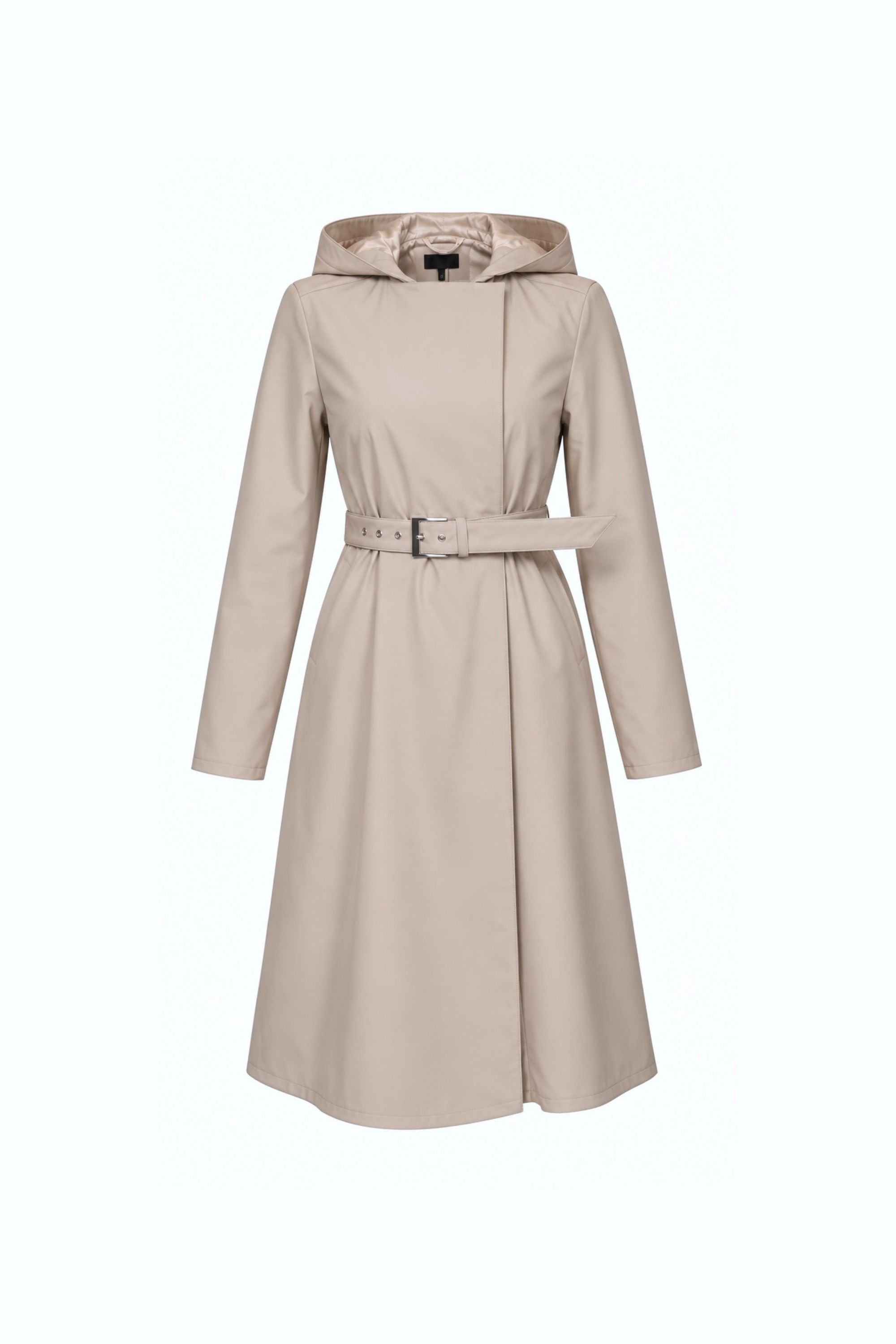 Beige trench coat with a belt on a white background