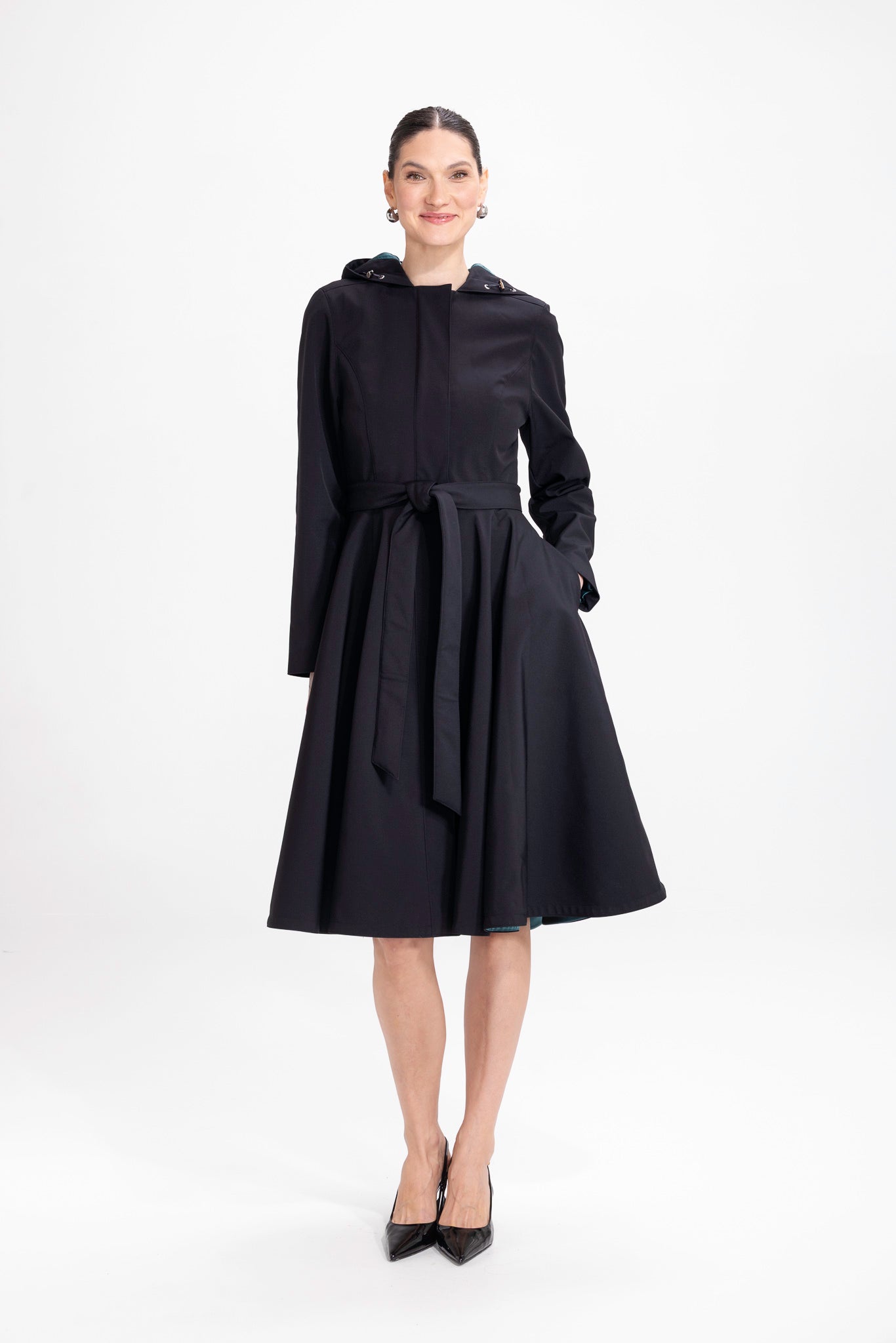 Deep Emerald black fit and flare women's coat with full circle skirt, front view