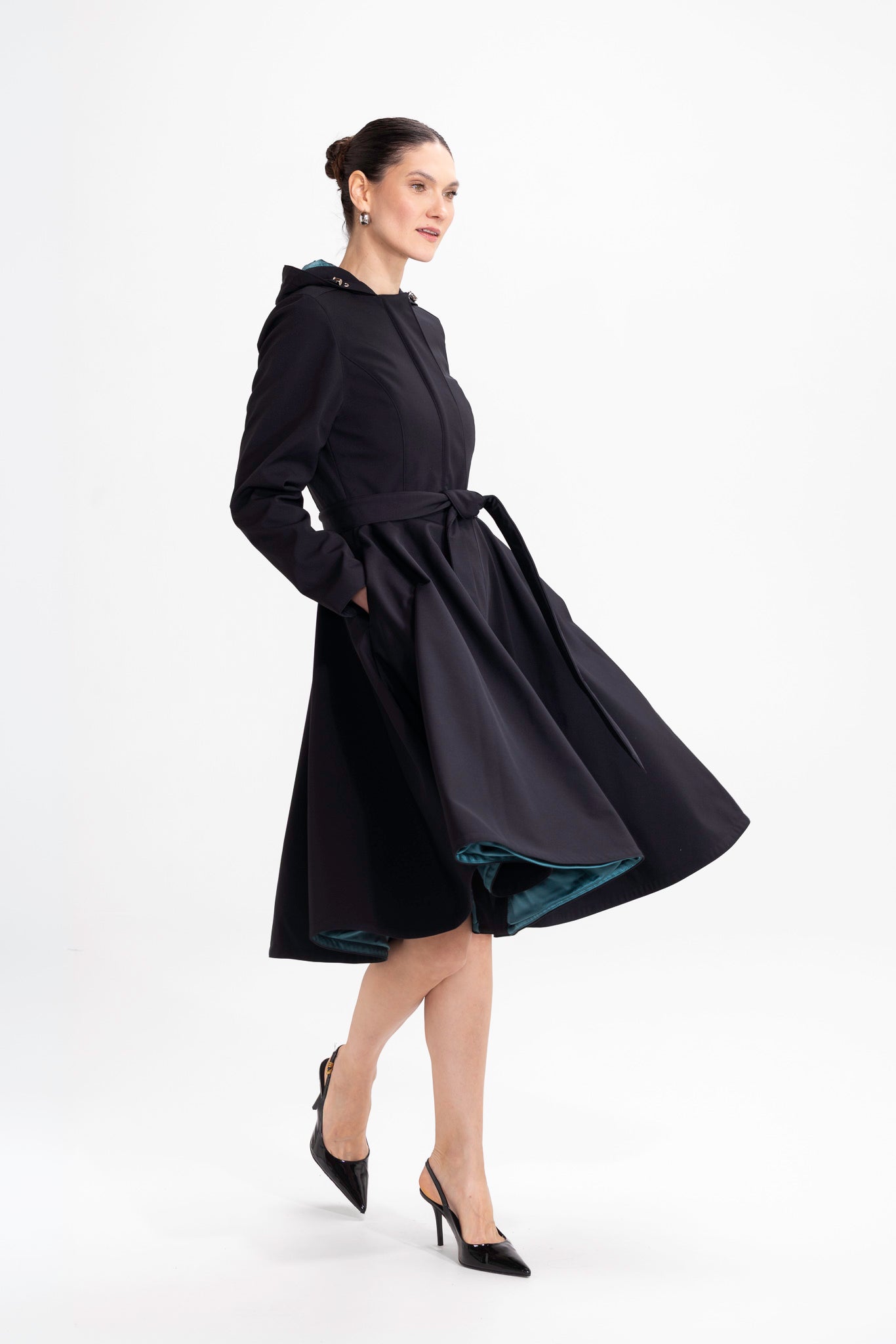 Fitted and Flared Coat with Full Circle Skirt in Black with Emerald Green –  RainSisters