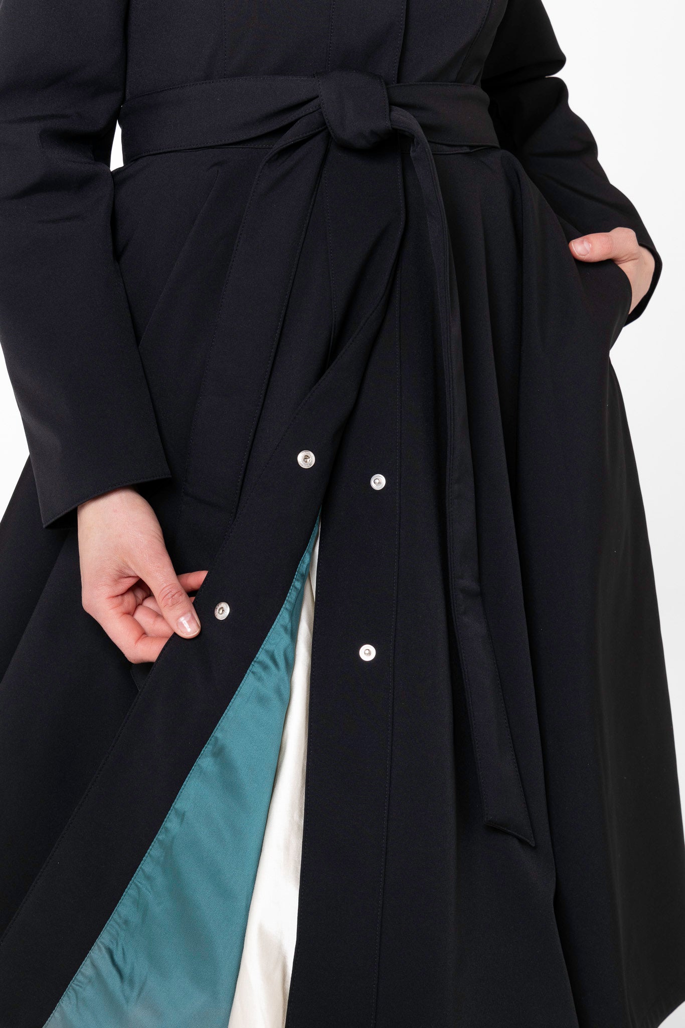Emerald green Italian satin lining inside Deep Emerald women's designer coat