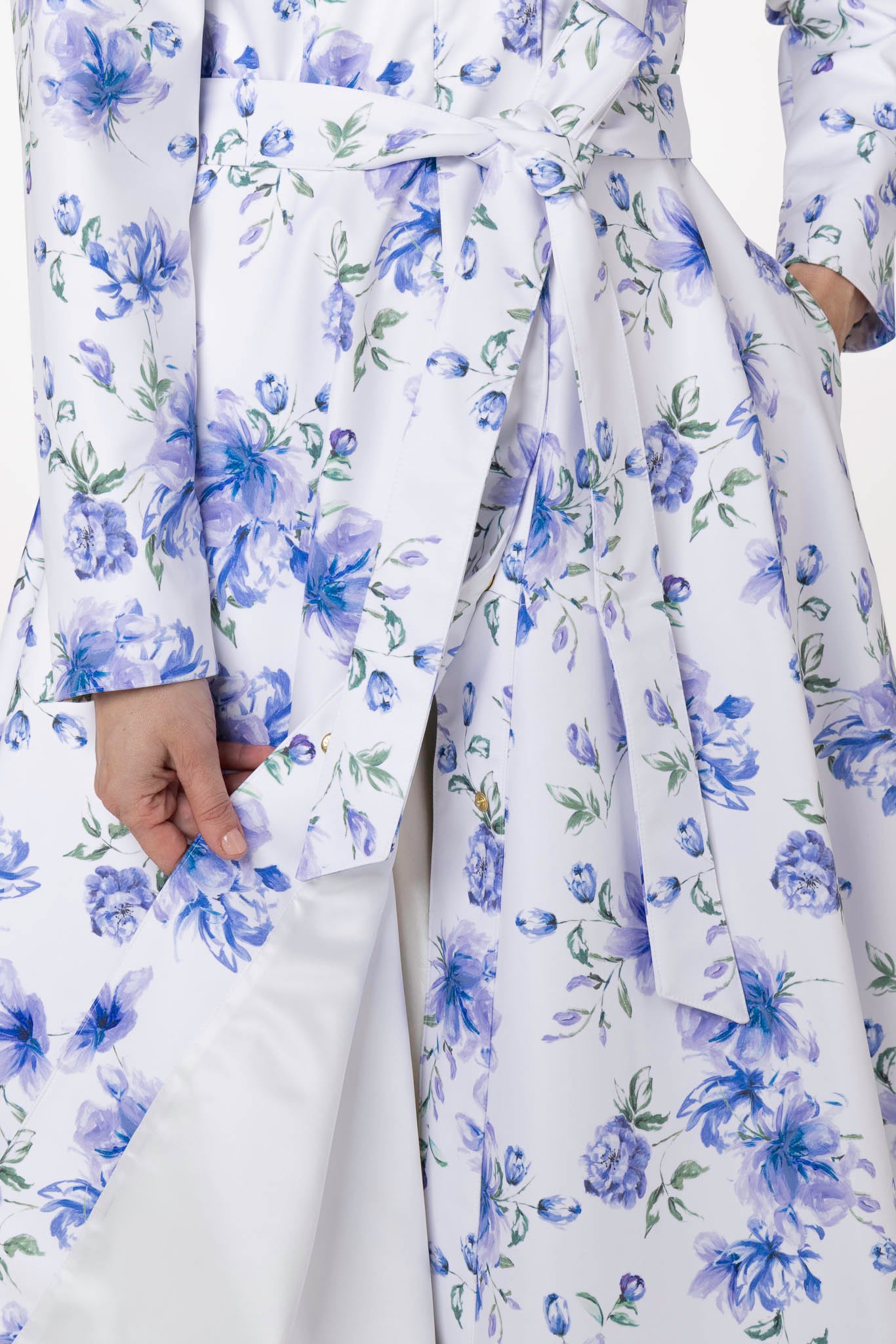 Fit and Flare Coat with A-Line Skirt in White with Blue Flower Print | Floral White