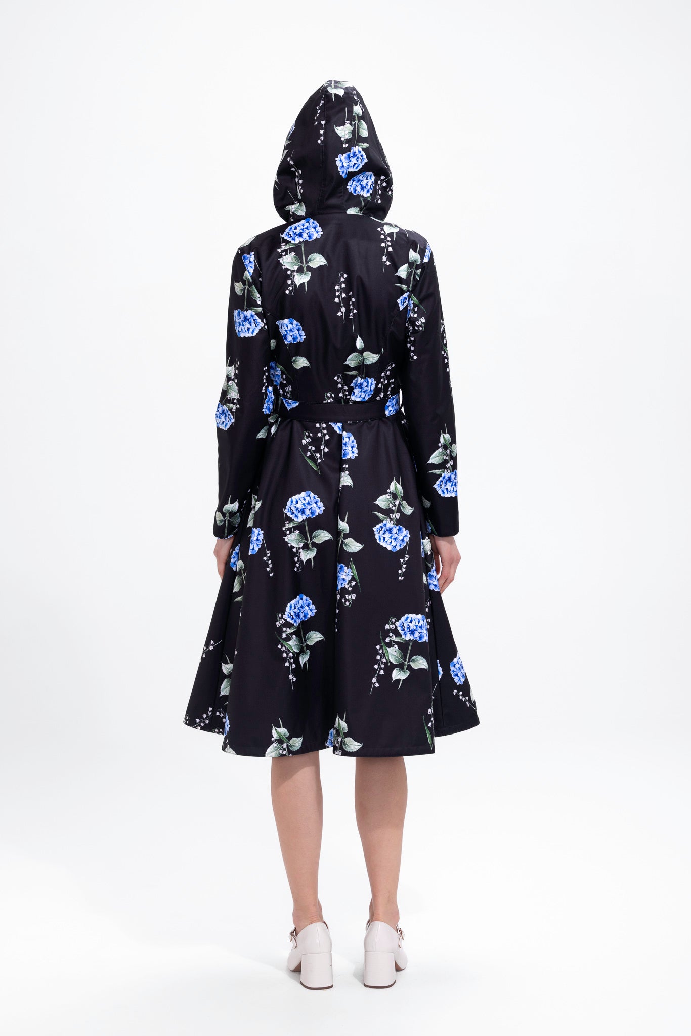 Double Breasted Trench Coat in Black with Floral Print | Flower Moon