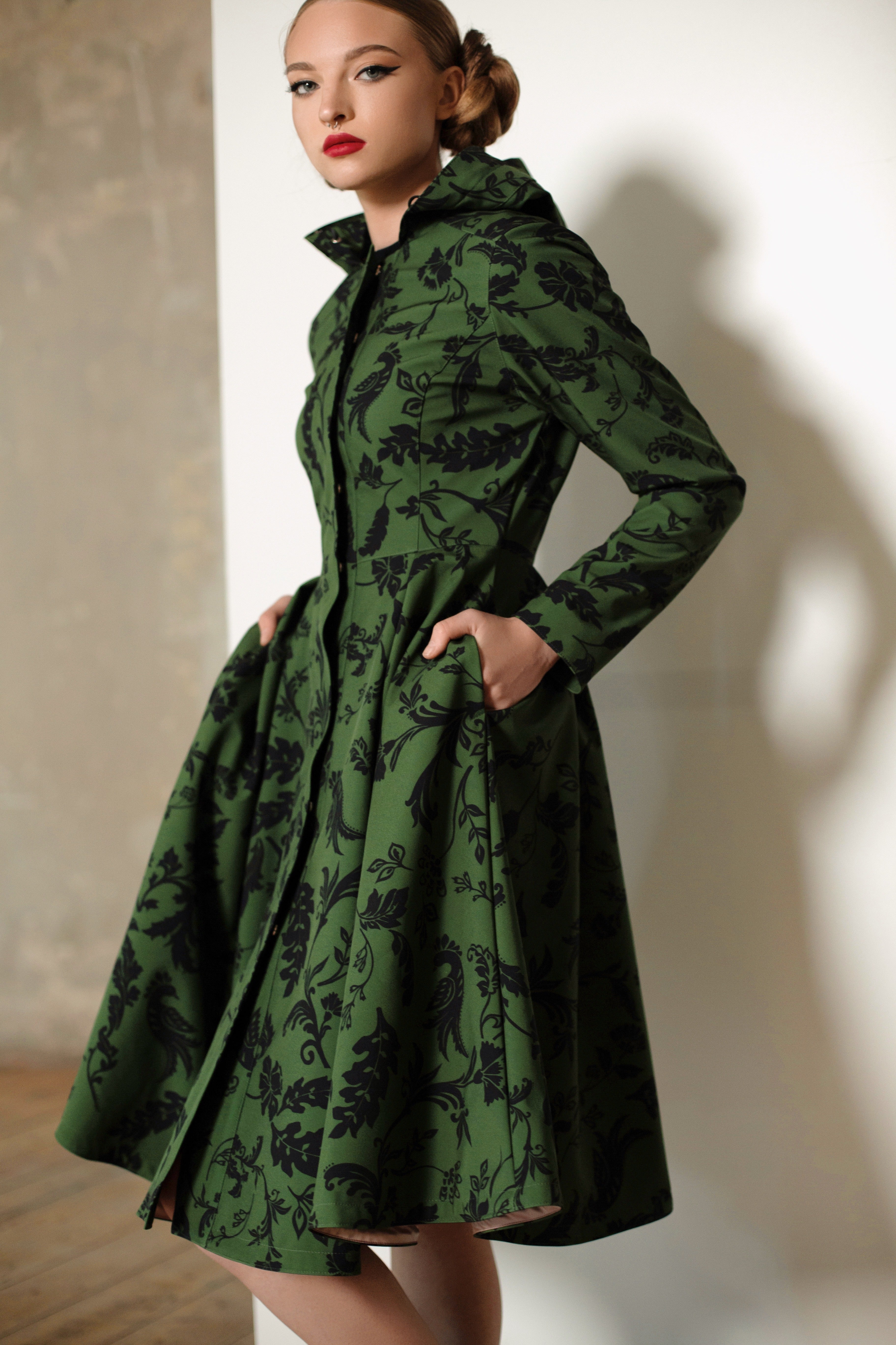Fit and Flare Coat with Pleated Skirt in Green and Black | Forest Flower