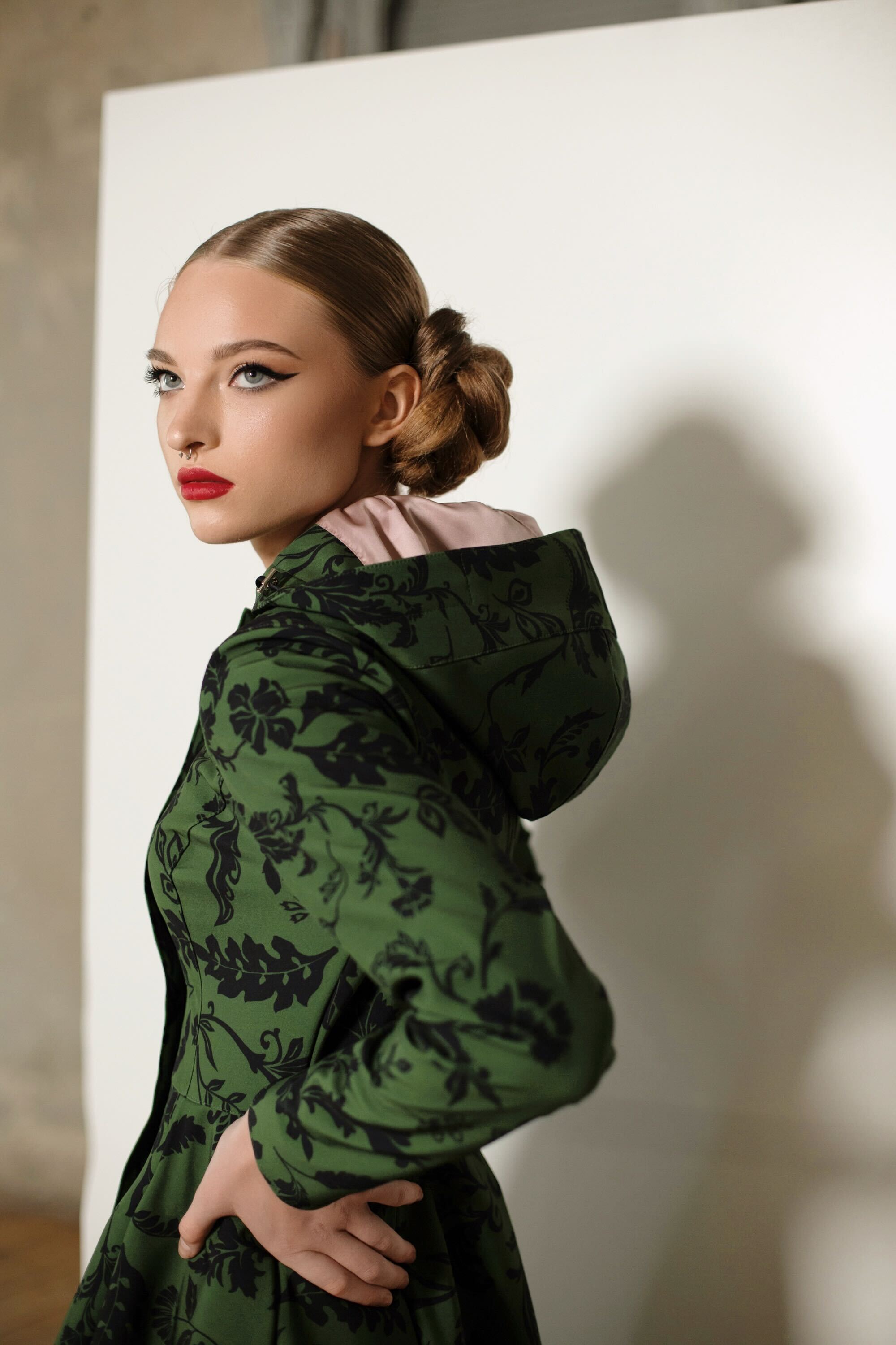 Fit and Flare Coat with Pleated Skirt in Green and Black | Forest Flower