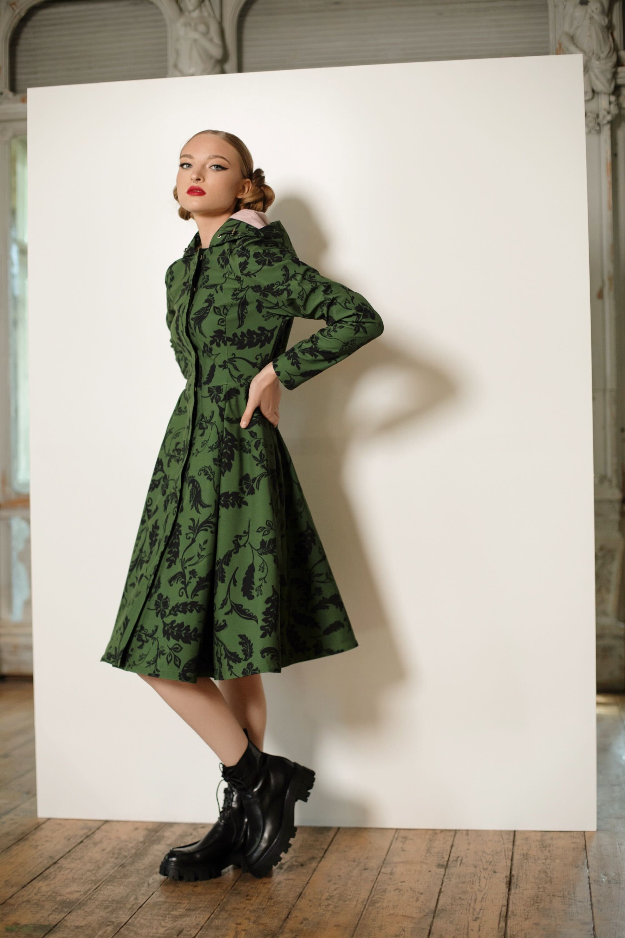 Fit and Flare Coat with Pleated Skirt in Green and Black | Forest Flower