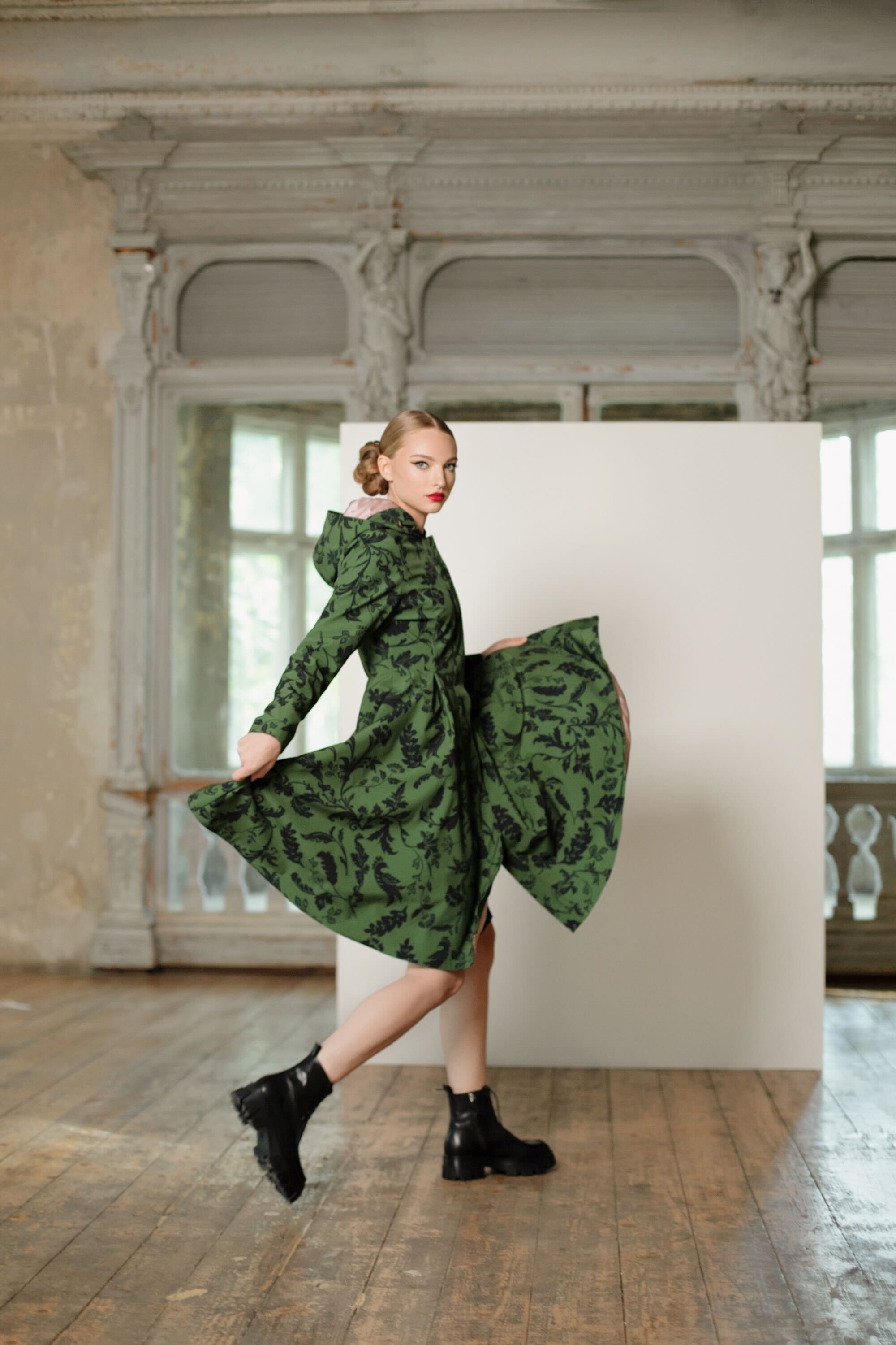Fit and Flare Coat with Pleated Skirt in Green and Black | Forest Flower
